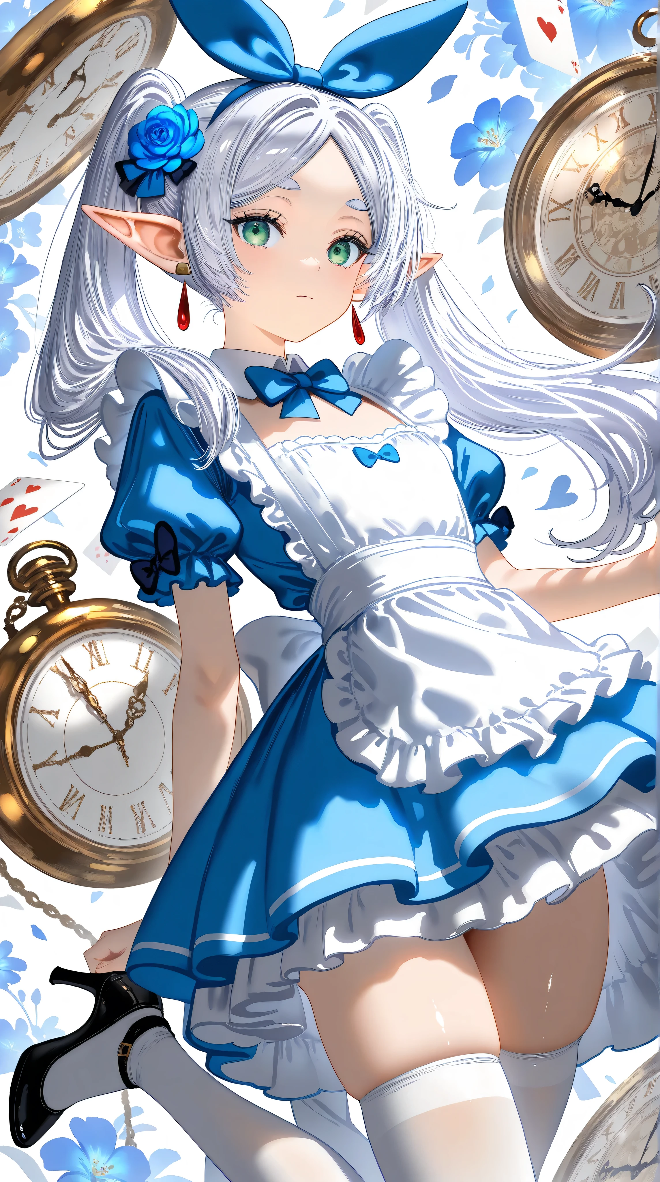 best quality,amazing quality,very aesthetic,absurdres,masterpiece,best quality,newest,highres,absurdres,very awa,shiny skin,(artist:loika:0.5),(artist:xiaoshou xiansheng:0.8),artist:rin31153336,artist:gawako,cowboy shot,1girl,(frieren),pointy ears,elf,round face,green eyes,flat chest,white hair,twintails,(parted bangs),flower,hair ornament,hair flower,long hair,looking at viewer,jumping,leaning back,blue flower,closed mouth,high heels,(alice (alice in wonderland) (cosplay)),float dress,white apron,blue bow,(bow hair ornament),mary_janes,white thighhighs,pocket watch,clock background, multiple clocks,white rabbit (alice in wonderland),cheshire cat (alice in wonderland),mad hatter (alice in wonderland),queen of hearts (alice in wonderland)