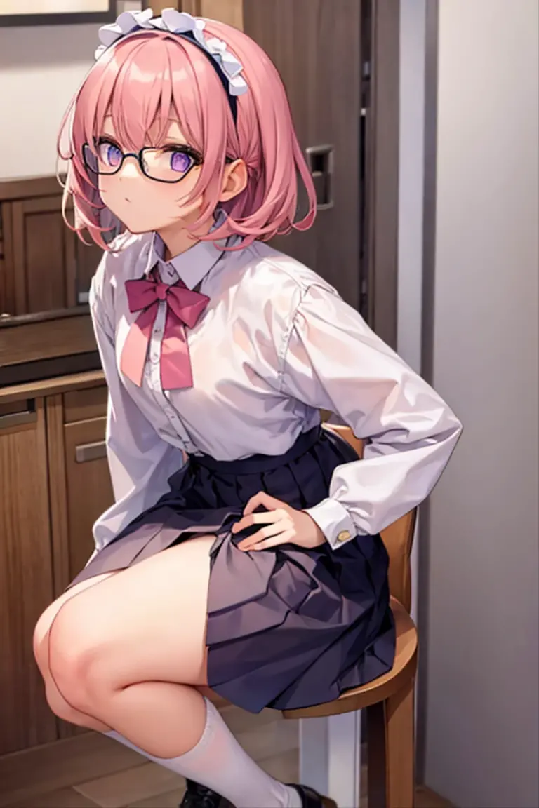 ((Sarada Uchiha)) ((boruto))Asian girl with short hair ((red blouse opening)) and glasses and a black miniskirt very short at the waist showing her panties to the side and with thick thighs and wide hips seducing and sticking out her skinny ass sexual pose (very wet) and with a seductive face