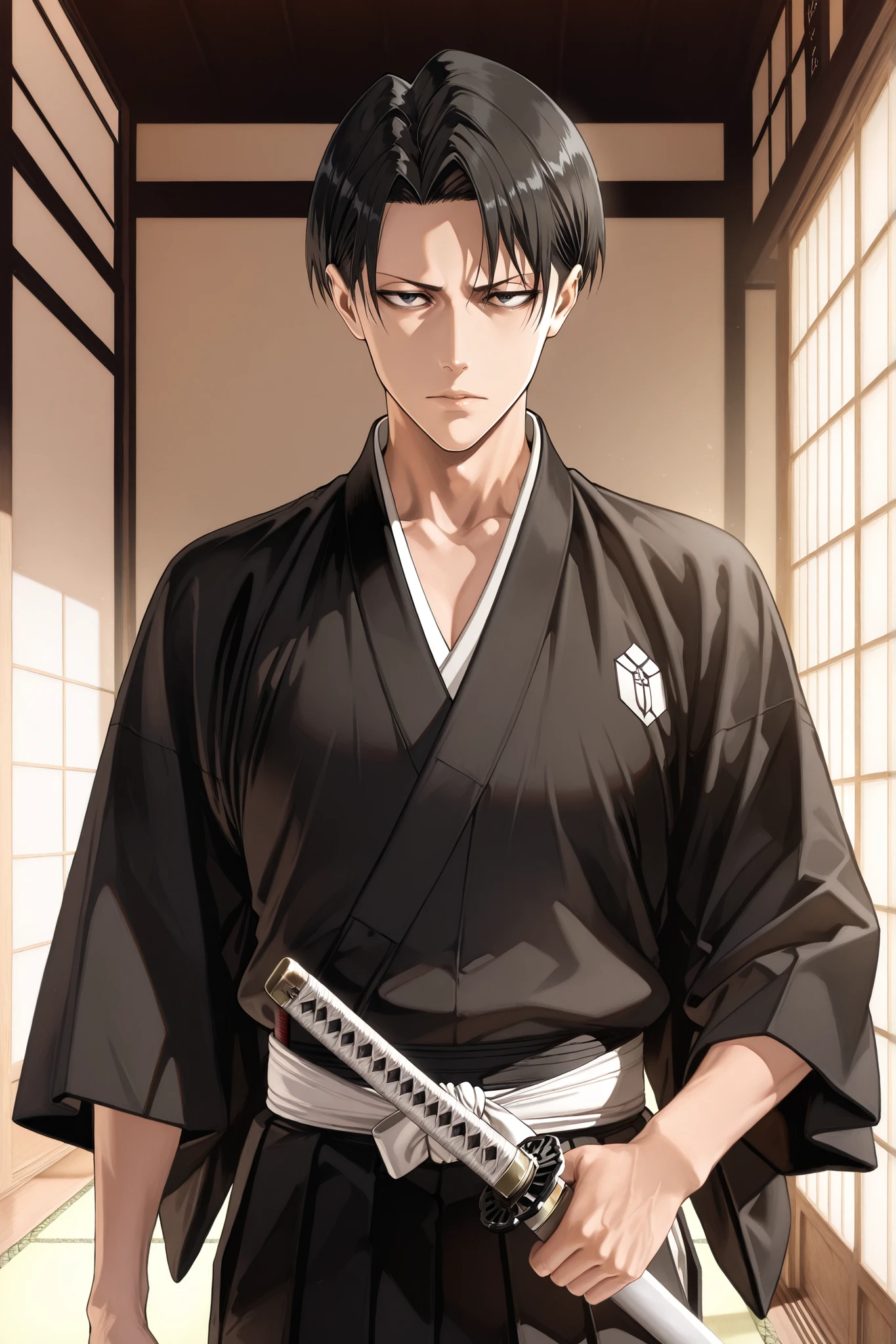 masterpiece, ultra-detailed, beautiful, 4k, hd, perfect lighting, best quality, detailed face, perfect hands, perfect eyes, skin texture style, realism, score_9, score_8_up, score_7_up, 2d art
((cowboy shot)), levi_ackerman, black hair, black eyes, short hair, curtained hair, bleach shinigami, black kimono, japanese clothes
1man, 30yo, adult, petite build, confident pose, calm demeanor, sharp gaze, ((mature man)), intelligent, strategic, emotionally guarded, slightly sarcastic
katana, zanpakutō, reiatsu aura, battle-ready stance, traditional Japanese setting, Seireitei background