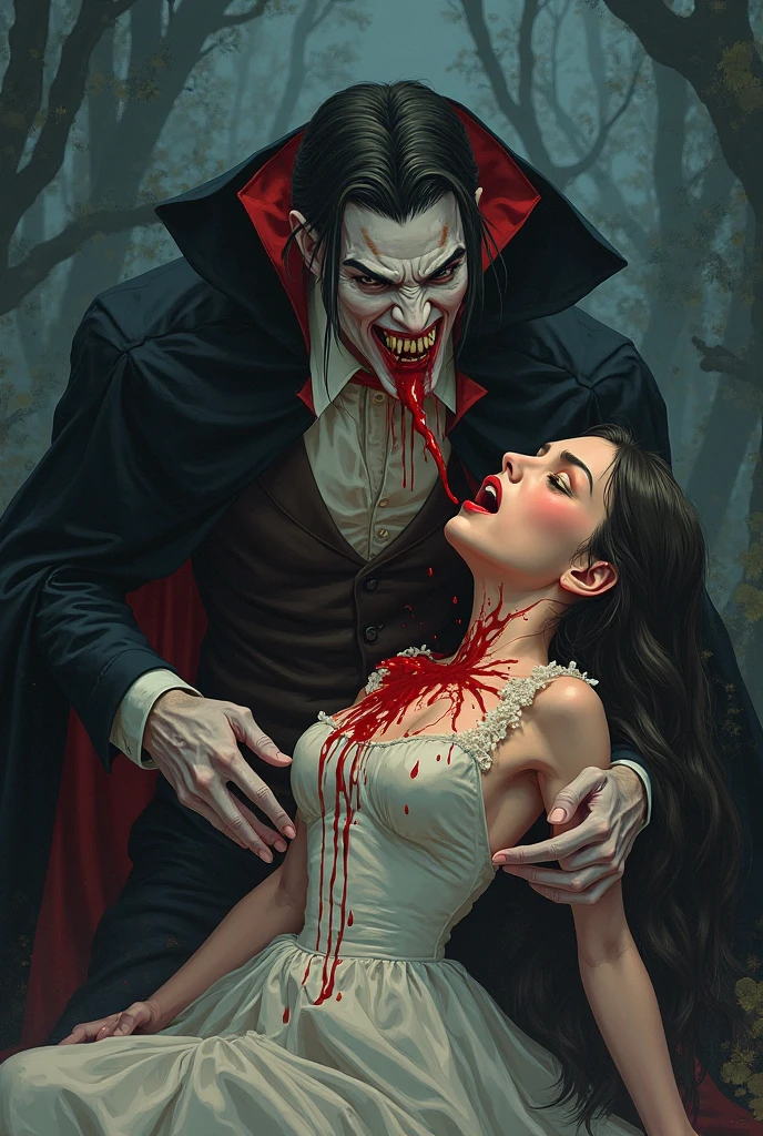 (masterpiece, top quality, best quality, official art, beautiful and aesthetic:1.2), extreme detailed, (fractal art), (black and white:1.5), (a vampire girl biting a neck of angel man in all black:1.5), (embracing), (tragic), large angel wings, dynamic angel, long hair flowing, occult, (oil painting), gloomy, holy, black background, side view