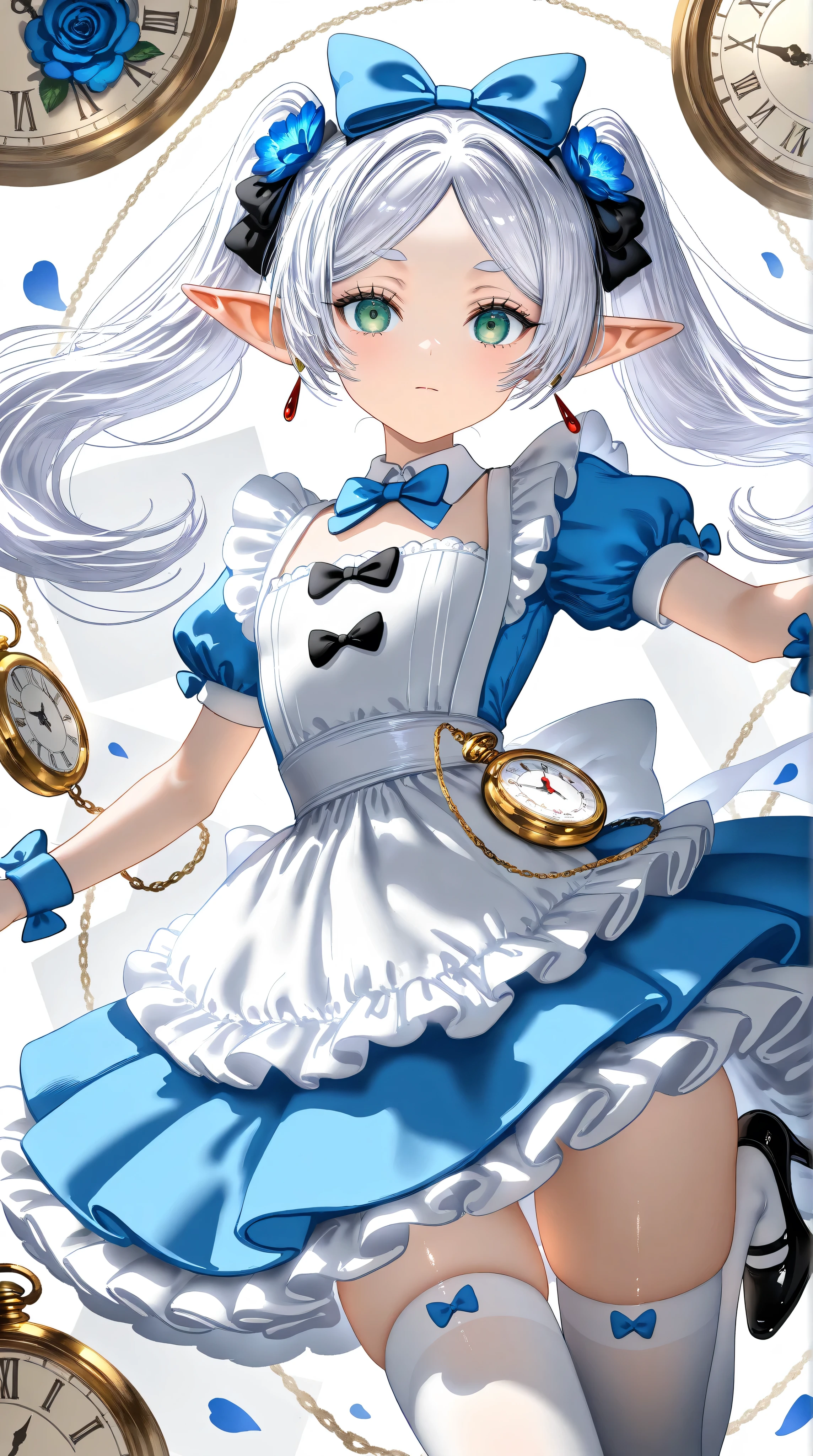 best quality,amazing quality,very aesthetic,absurdres,masterpiece,best quality,newest,highres,absurdres,very awa,shiny skin,(artist:loika:0.5),(artist:xiaoshou xiansheng:0.8),artist:rin31153336,artist:gawako,cowboy shot,1girl,(frieren),pointy ears,elf,round face,green eyes,flat chest,white hair,twintails,(parted bangs),flower,hair ornament,hair flower,long hair,looking at viewer,jumping,leaning back,blue flower,closed mouth,high heels,(alice (alice in wonderland) (cosplay)),float dress,white apron,blue bow,(bow hair ornament),mary_janes,white thighhighs,pocket watch,clock background, multiple clocks,white rabbit (alice in wonderland),cheshire cat (alice in wonderland),mad hatter (alice in wonderland),queen of hearts (alice in wonderland)