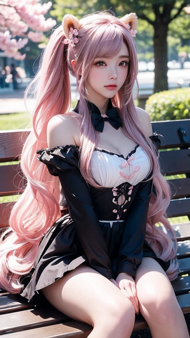 (masterpiece, best quality), intricate details,
1girl, Perona, ong hair, pink hair, solo, black eyes, blunt bangs, cleavage, twintails, drill hair, smile, dress, hat, lipstick, ghost, makeup, black dress, bare shoulders, strapless, stuffed toy, collarbone, frills, top hat, skirt,