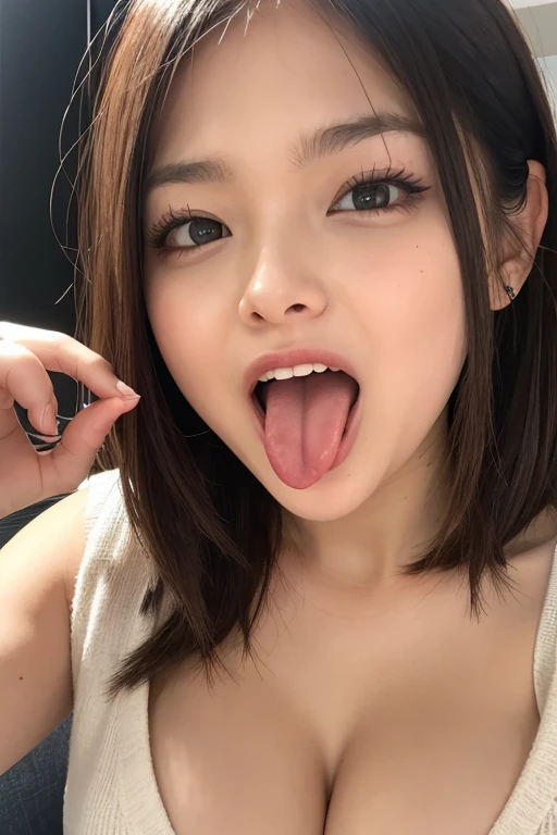 ,1 girl、Taylor Hill、1 girl、超High resolution, retina, Accurate, masterpiece, Anatomically correct, Super detailed, Textured skin, Attention to detail, high quality, High resolution, 8k、、Big double eyes、nose、The focus is on the mouth、close-up focus on face、Woman with open mouth and closed eyes、18-year-old、Black Hair、tongue out, tongue, Saliva trace, Drooling, Ahegao, long tongue, Verbal invitation,  Pulling the hair back, Gray background,Cinematic Lighting,Tank top,erect nipples,Dark gray background,(((o-face)))