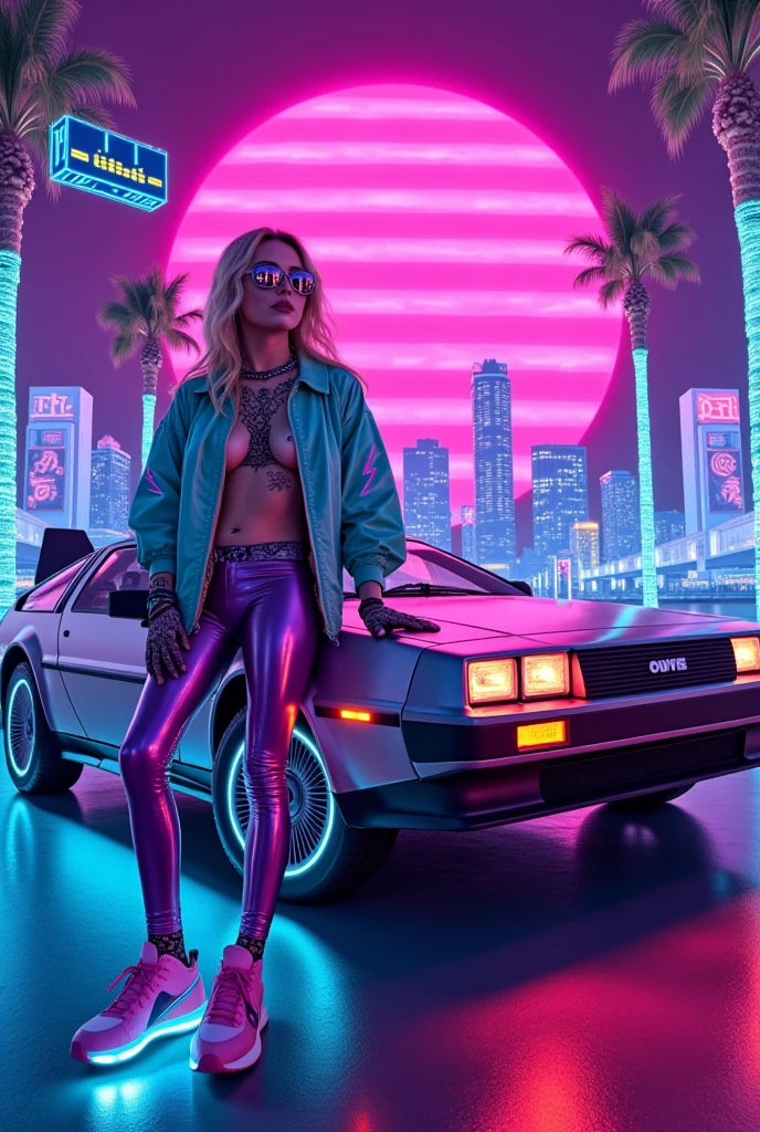 8K,RAW Photos,Highest quality,masterpiece,reality,Very detailed,bfdlrn,back to the future part2,timemachine,delorian,very fine details,Shiny body,Neon and lightning background,Very fine LED particles,A body covered in light particles,Concentrated line,radiation,dazzling,Beautiful woman sitting in the front of a Delorean,Tank top,Long Hair,Looking at your watch,slim,