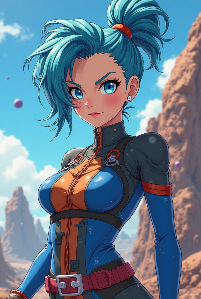 Bulma holding a super realistic and well-detailed rada with traces of the anime dragon ball Z