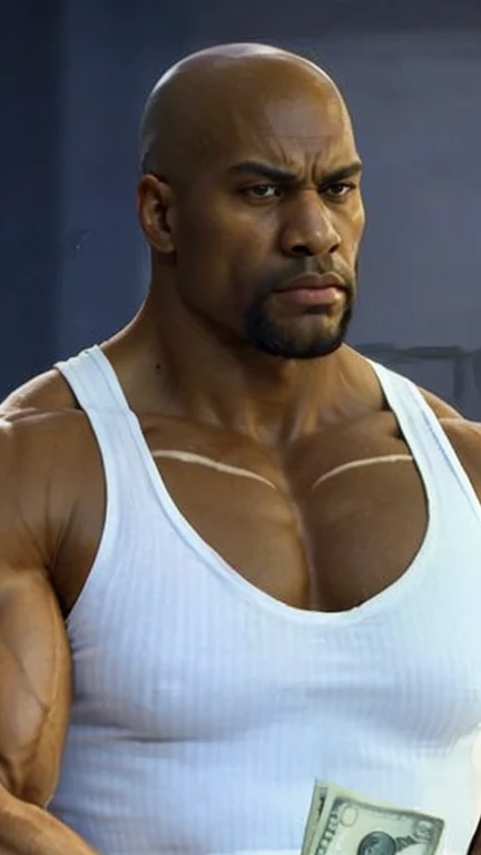 1boy, African American, solo, facial hair,34 yrs old, dom, male focus, flaccid penis, bald head, pectorals, bara, muscular, mature male, muscular male, abs, beard, ring nipples, chest harness, short hair, navel, stomach, large pectorals, thick eyebrows, bare pectorals, dark-skinned male, erection, thighs, erection under clothes, fancy suit, dark skin, tie, open shirt, jacket, grey business suit, pectoral cleavage, cowboy shot, cop agent uniform, feet out of frame, thick thighs, looking at viewer, masterpiece, 4k, high quality, highres, absurdres,