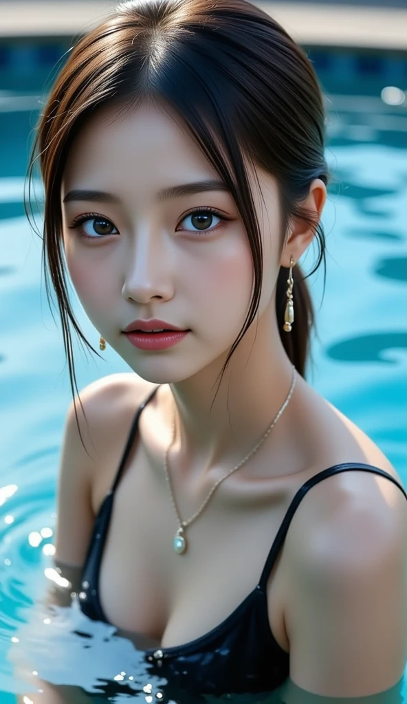 realistic, photogenic, long-length light brown-colored hair, beautiful white-colored translucent skin, a little sunburned, slendar figure, small mouth, opening mouth, loughing loud, small nose, smooth shaped jawline, slightly slanted eyes expression, glossy face, realistic figure, no-makeup, natural lip color without lipstick, the natural skin color without makeup around eyes, soakiing the pool, wearing white t-shirt, not naked, soaking wet and see-through clothing, body is submerged in the water, only the face is above the water, dripping water from the face and body, posing looks likes relaxing, feeling-hot-flushed expression, close-up to face, angle looking down from above,