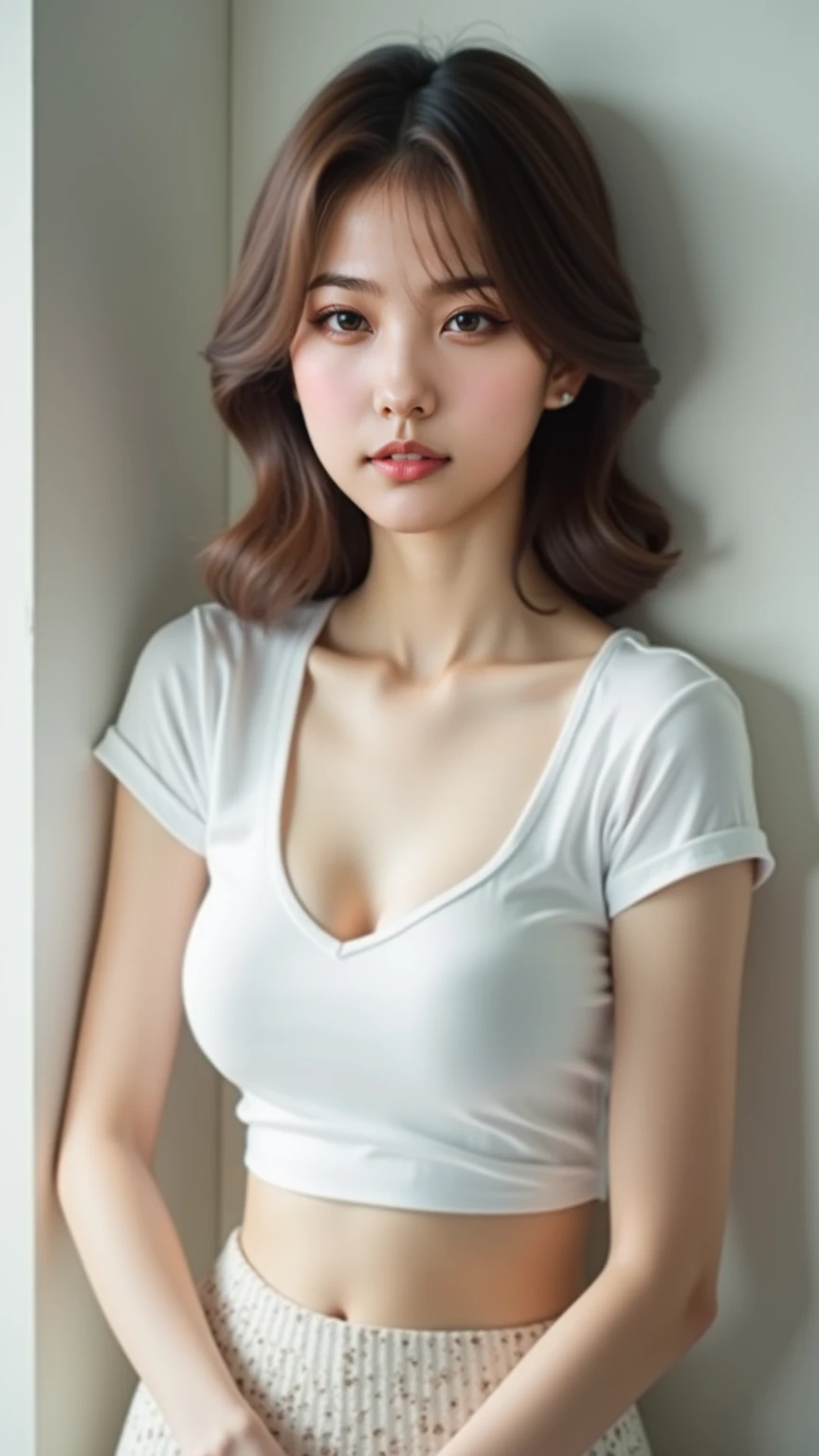 Tabletop, highest quality, figure, Super detailed, In detail, High resolution, 8k wallpaper, Perfect dynamic composition, Beautiful fine details,Wavy Hair,Natural color lip, Bold sexly pose,Big Breasts,20-year-old girl、cute、sexly,bottomless,Narrow waist、Small waist、Thin legs,loose t-shirt,leaning forward
