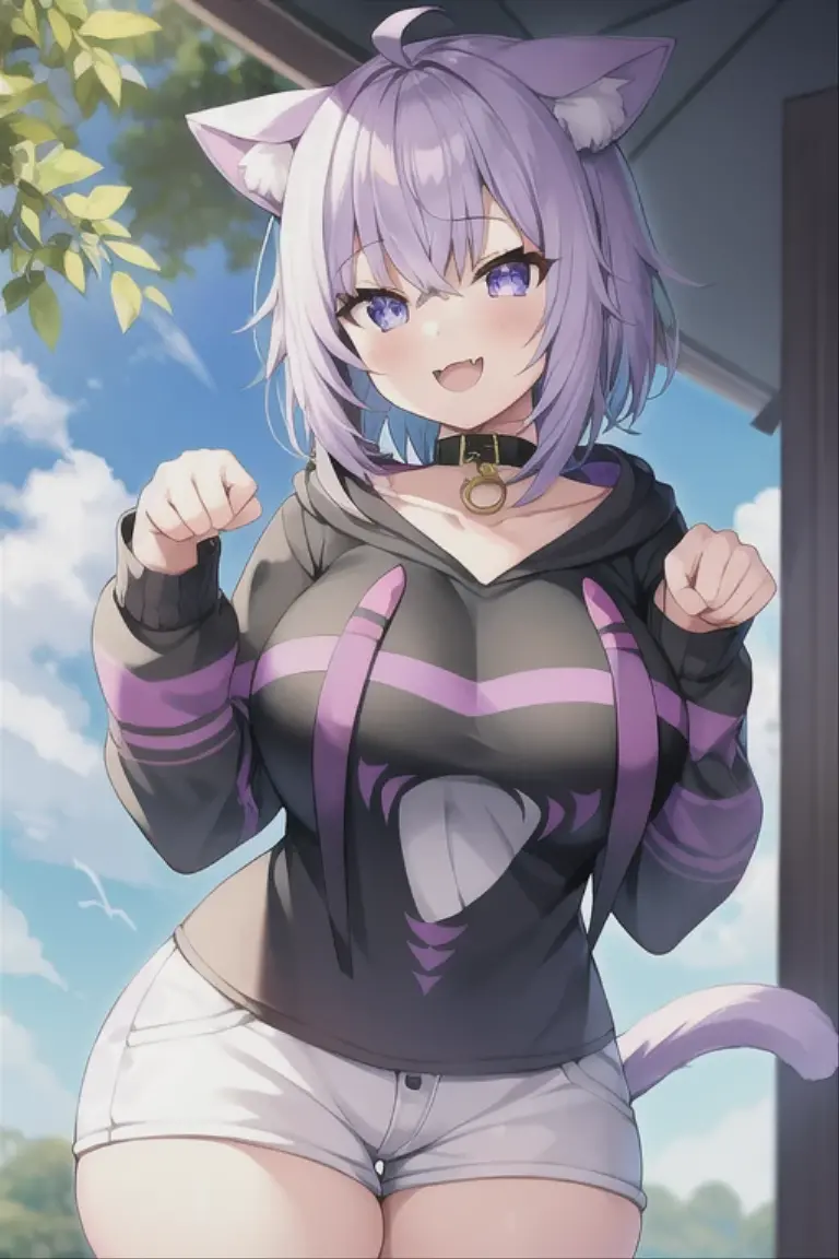 Hololive、Cat porridge、Cat girl、Full Color、Leather jacket、Tank top、Short skirt、girl、smile、Crying face、The hair color is always light purple、Sweaty skin、In public、public、Big Tits、Pussy juice、field、Fingering masturbation、Peeing