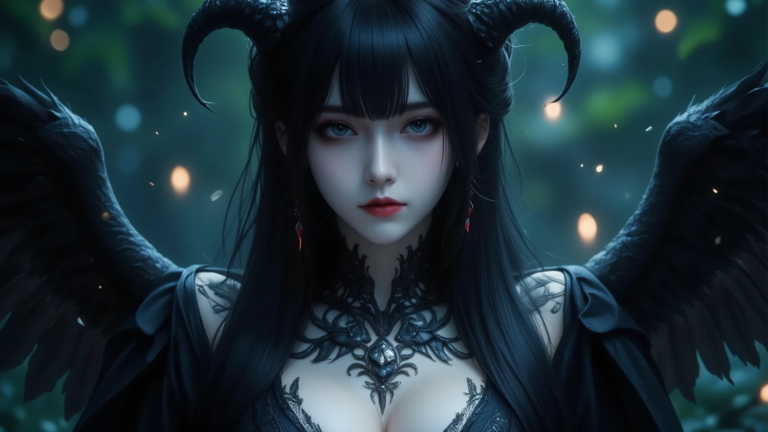 An Asian succubus with large black bat wings, horns and a long demon tail is crouched in the forest looking at me, her long hair is flying in the wind, her breasts are showing, her sexy body is wet with sweat, her transparent dress shows her beautiful body, NSFW, fashion photorealism, high definition sysie details, photography, sharpness, exclusive 850 4, koda850 k portrait camera, f1.6 lens, rich colors, hyper-realistic texture, spectacular light texture, surreal art, Cinestil 800 fashion engine --auto --s2