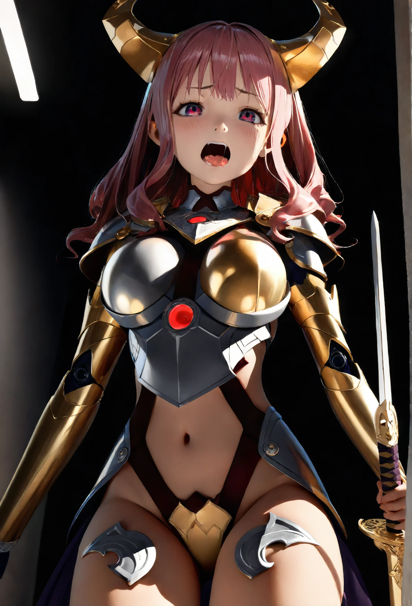 masterpiece, high quality, best quality, beautiful, hd, realistic, perfect lighting, detailed face, detailed body, 1 girl, solo, red hair, purple eyes, black armor, devil, big breasts, <lora:bikini-pastie-armor:0.8> pasties, bikini armor