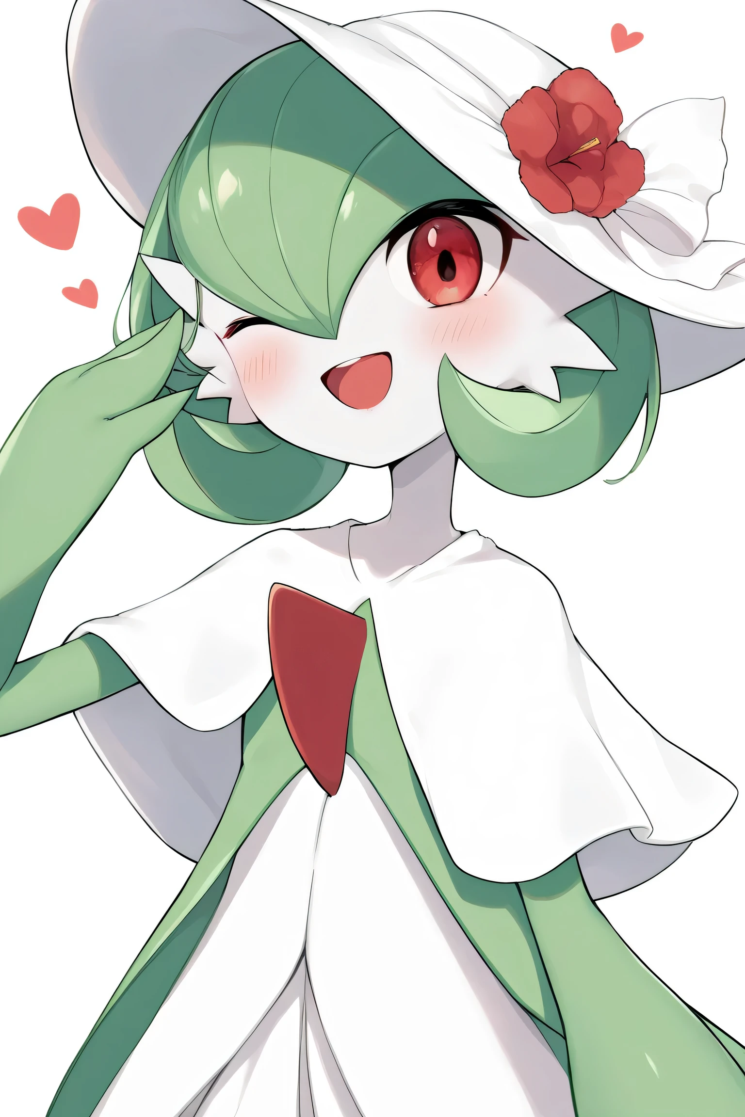 score_9, score_8_up, score_7_up, i¼1girl, adjusting_headwear, arm_up, blush, bob_cut, bonnet, clothed_pokemon, commentary_request, flat_chest, gardevoir_\(fashionable\), green_hair, green_skin, hair_over_one_eye, happy, hat_flower, heart, highres, looking_at_viewer, one_eye_covered, open_mouth, partial_commentary, red_eyes, red_flower, red_trim, short_hair, smile, solo, two-tone_skin, white_capelet, white_hat, white_skin