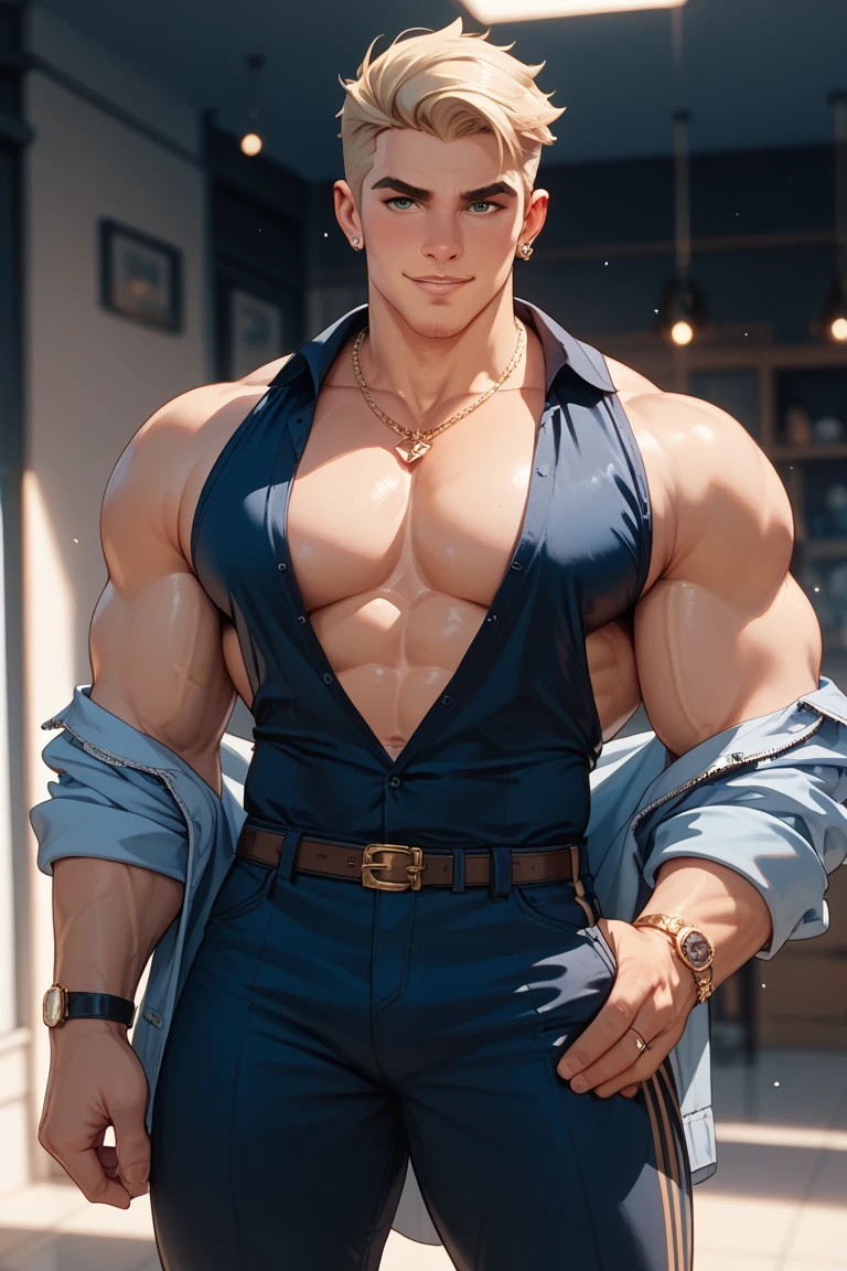 ((the best quality)), ((Masterpiece)), (details), perfect face, high definition, Masterpiece,4k,details clearly, Handsome face, white skin, perfect body, male body, strong muscles, abdomen, blue eyes, white skin, The most handsome man in the world, handsome, The coolest face, Male characters, close image (1man, shirtless), young man, mischievous smile, Extremely muscular tall man, open your eyes ((detailed eyes)), huge, muscular body and Massive, bulging pecs, muscular abs, narrow waist, short hair, blue eyes, delicate big eyes, carefree expression, clear face, handsome (detailed face, perfect face) ((extremely realistic shadows, bodybuilding posture, human, ((22-year-old young man)), V shape, athletic pants, athletic, Shirtless, Sunlight, New York City, lower pants, topless, close up look, CG sense, Textured skin, the best quality, Storytelling images, lower your pants, show Panty line, Show your abs, show arm muscle, Black hair, shining blue eyes, eyes contact, high school jeans, leather belt