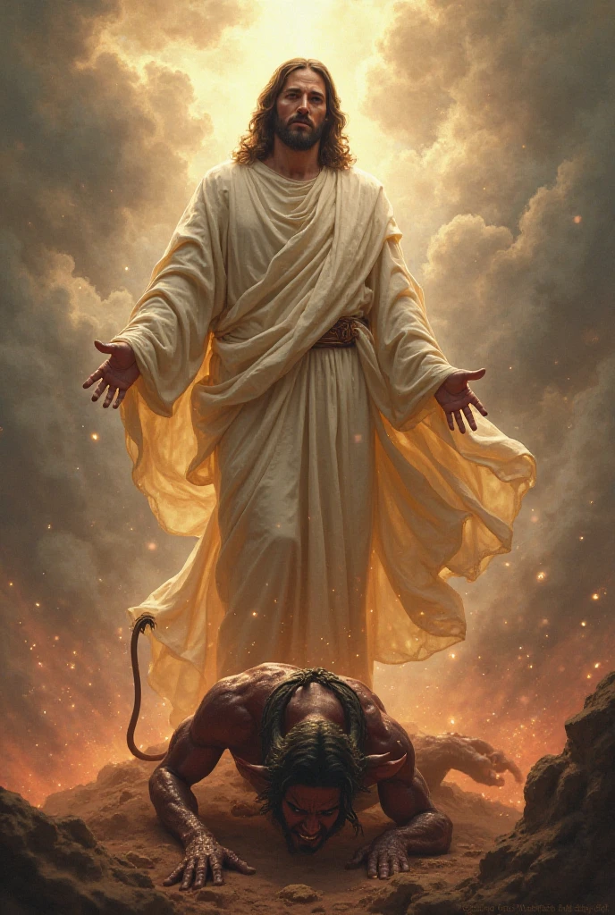 Devil on the ground and God with his foot on his head