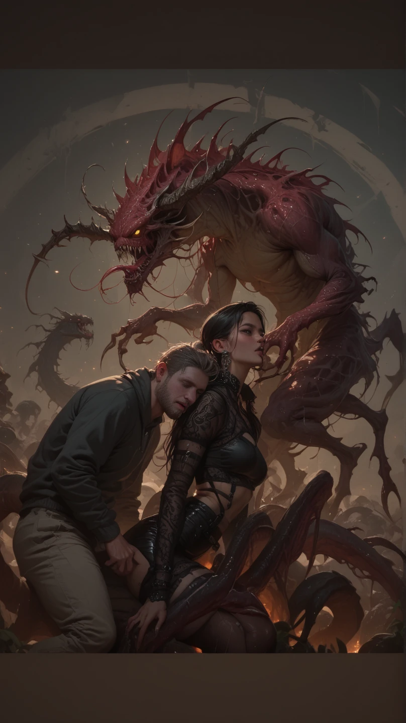 (duo), male bahamut and female human, by taran fiddler, [by null-ghost],  detailed beautiful eyes, romantic, detailed hands, cave, hugging, protective male, female in dress,