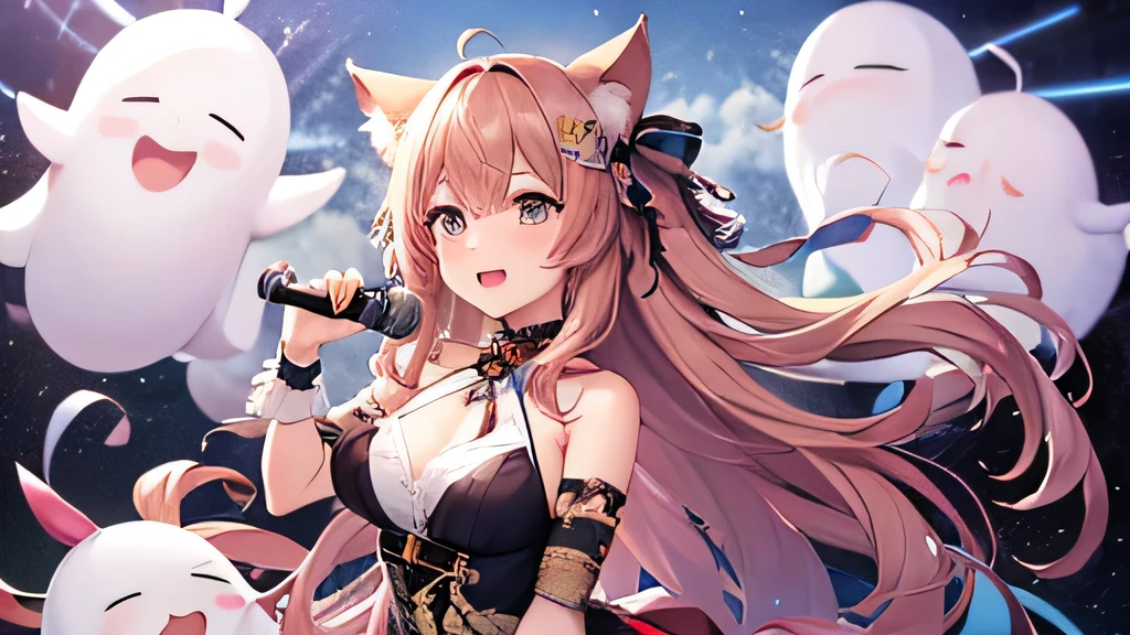 masterpiece, masterpiece_portrait, distinct, distinct_Image, high_resolution, highres, high_quality_cheered up, high_quality, hyper_detail, finally_detailed,4k, YUJU, bride, K-pop , attractive body, ((black fur)), blue eyes, smile, happy, K-pop idol singer costume, Singing and dancing on the elegant stage of a radio station, (((holding a white microphone in his hand)))