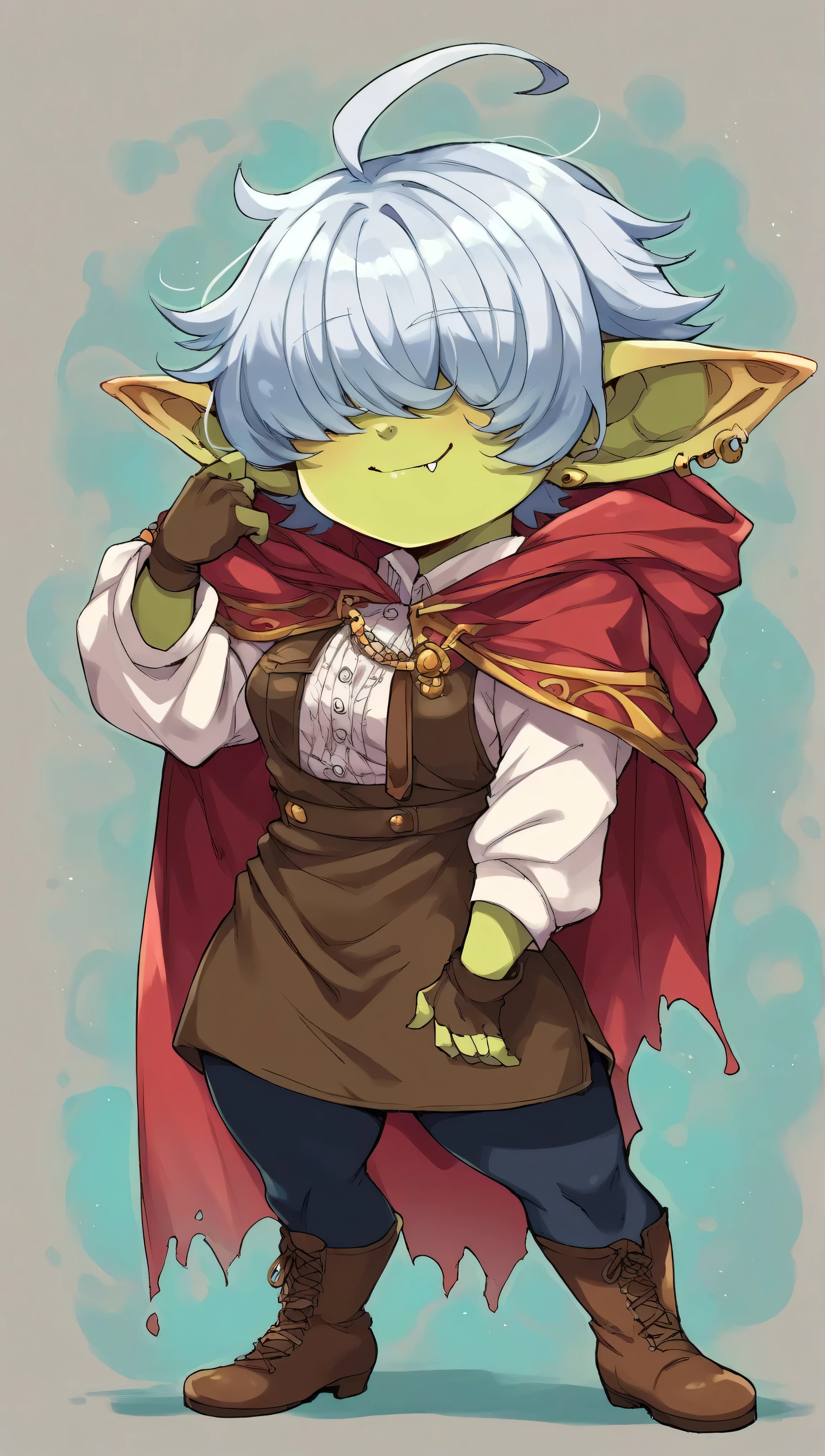 score_9, score_8_up, score_7_up, score_6_up, score_5_up, score_4_up, masterpiece, high quality, full body, 1girl, full body, GobGirl, green skin, short, ((tomboy)), muscular body, robust body, long ears, large ears, piercings, colored skin, monster_girl , 1girl, pointy ears, goblin, ((shortstack)), long pointy ears, earrings, fang, covered eyes, standing , looking at viewer , standing , ((short hair, messy and wavy hair, silver hair, long messy sidelocks, ahoge, hair strand)) , ((hair over eyes)) , tycoon rich merchant outfit , (short tunic), long sleeves , (short hooded capelet) , ((black leggings)) , fingerless gloves , boots , ((mischievous look)) , playful smile , jewelry , hair ornament , closed mouth