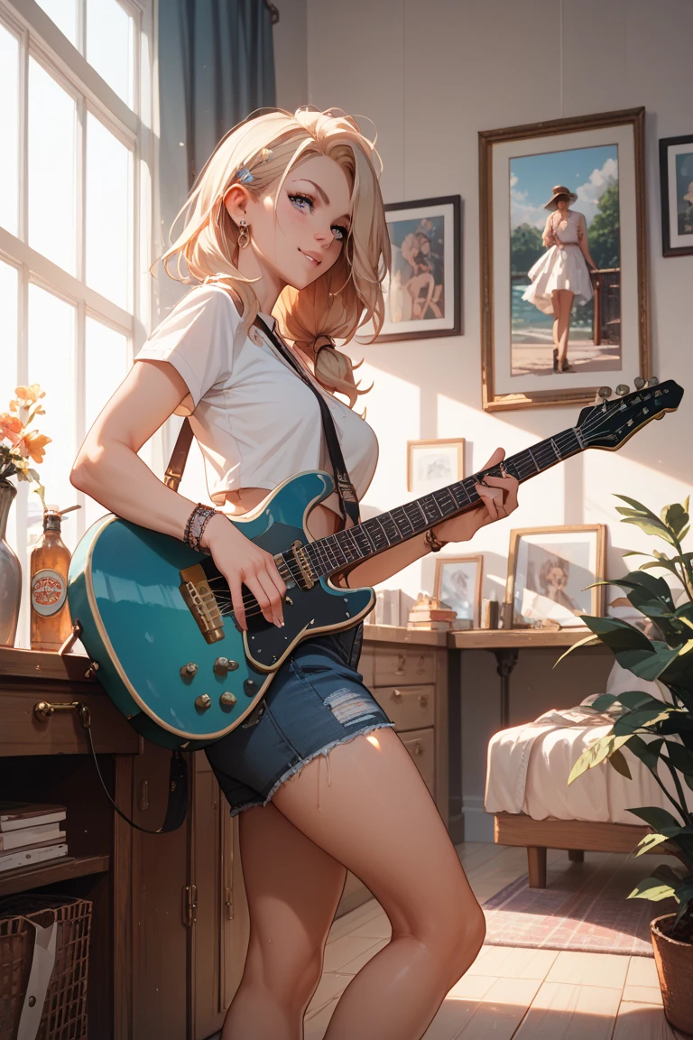 beautiful, enticing, girl playing eletric guitar, short, light silver hair, vibing, passionate, smiling