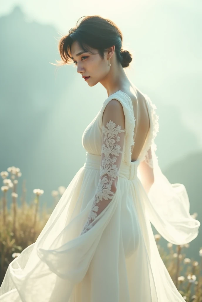 ((Best quality,High Detail,masterpiece:1.5)),1 20-year-old girl, White dress dress,(Backlight, see through silhouette:1.3), Clear facial features,standing solo, Dance poses,Delicate face, White-skinned female,summer mountains,Sunset,full-body shot