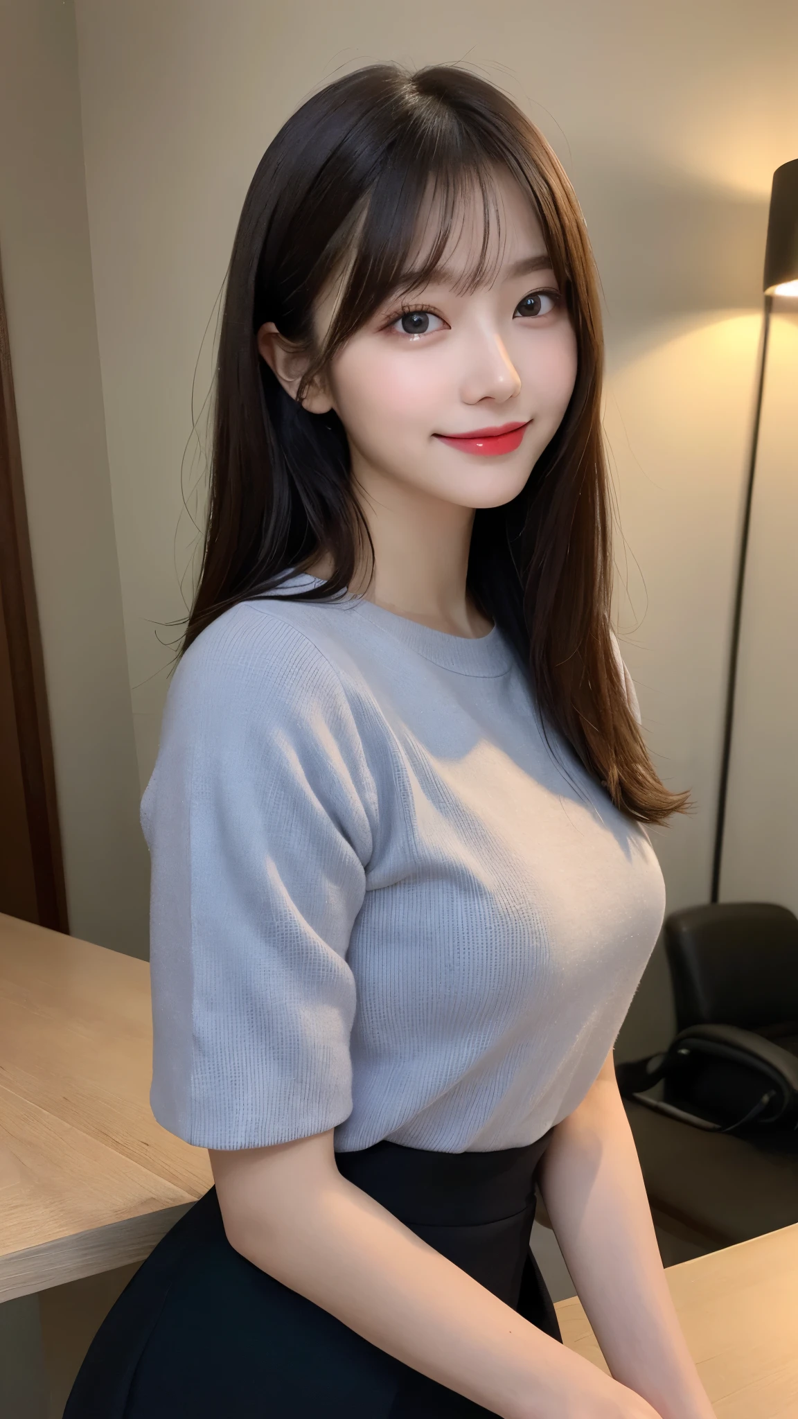 (8K, highest quality, masterpiece:1.2), (realistic, Photoreal:1.37), super detailed, one girl, cute, solo, meal,((rest one&#39;s chin on one&#39;s chin)),((small chest)), (nose blush), (laughter:1.3), beautiful and fine eyes, (hair length: 1.2), Floating hair NovaFrogStyle, Upper body, Light blue blouse