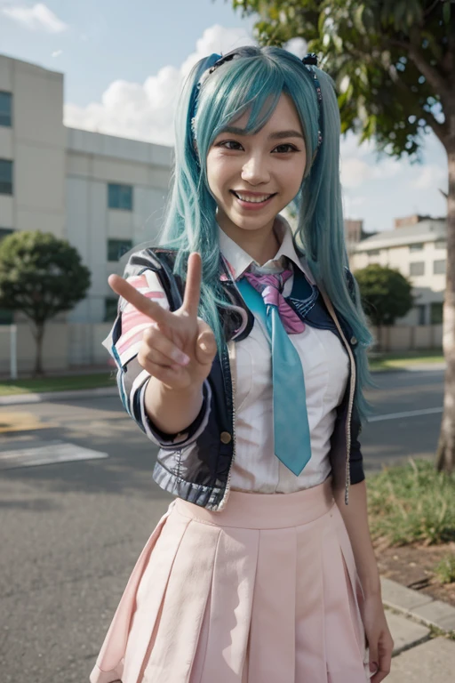 Japanese high school girl, standing on the sidewalk, posing with two fingers in both hands, distant view, pink hair, pink eyes, long hairstyle, shy smile, wearing a white mask, wearing a blue cap, wearing glasses with transparent lenses.  , blue rims, raw footage, 4k resolution, white gloves, holding dual toy gun,  backpack, long blue skirt down to the knee, white socks up to the knee, blue-white sneakers, street and city background, morning, bright blue sky, bright white clouds in random position.