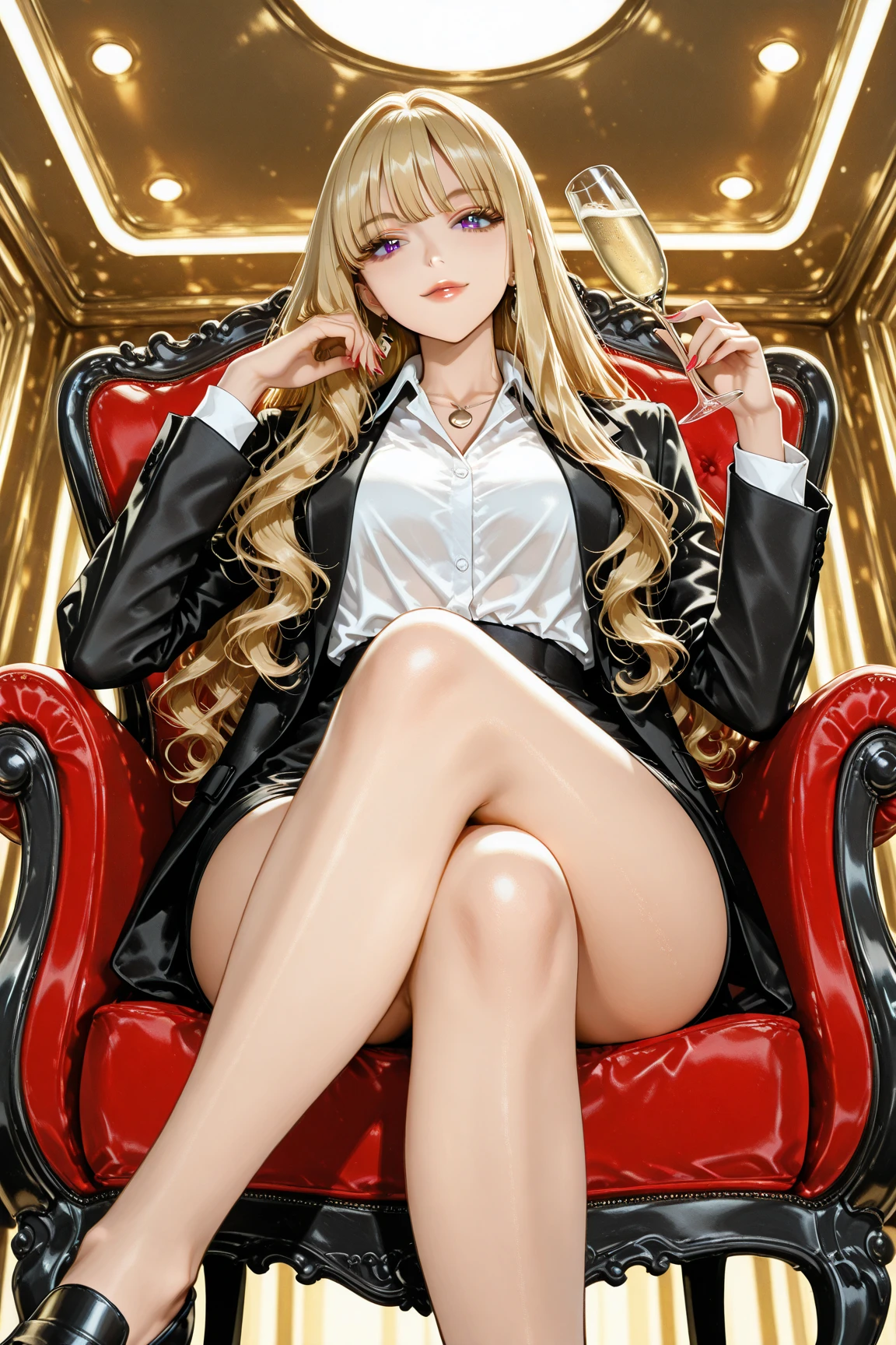 masterpiece, best quality, ultra high resolution, highly detailed, anime-style, exquisitely detailed,  
Reina, an elegant and commanding gyaru woman with long wavy blonde hair and violet eyes,  
wearing a fitted dark suit and open-collared white blouse, seated in a plush velvet chair at a VIP lounge,  
her legs are crossed, posture poised and confident, she holds a glass of champagne in one hand,  
viewed from a dramatic low angle (kaneda shot), either through the gap of her crossed legs or from the side with strong perspective,  
her gaze is cool and direct, subtly playful, backlit by warm ambient lights, faint smoke and golden haze fill the atmosphere,  
tags: confident woman, VIP club, kaneda perspective, cinematic lighting, gyaru elegance, powerful aura, luxurious scene
