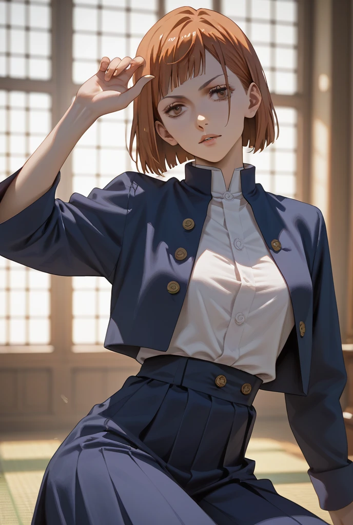 Ultra-realistic 8K CG,masterpiece,((Highly detailed background, Delicate pattern, Intricate details)),mini skirt、Female Space Detective Annie、Squatting and raising your knees、Spread your legs wide、You can clearly see her white panties、Female Space Detective Annie、She is kneeling with her legs open, her white panties are visible、Beautiful 、White panties are visible in the Iaido pose、front、Beautiful thighs、highest quality,very detailed face,Very beautiful eyes and face,Very beautiful eyes,Kocho Shinobu,Colorful Hair,No bangs,Hair intake,Purple eyes,amount,,belt,(garden:1.2),Purple Flower,a bit,cloudy null,sunlight,Tyndall effect,slope_null,face,Gorgeous null,West Saber,Attractive posture,