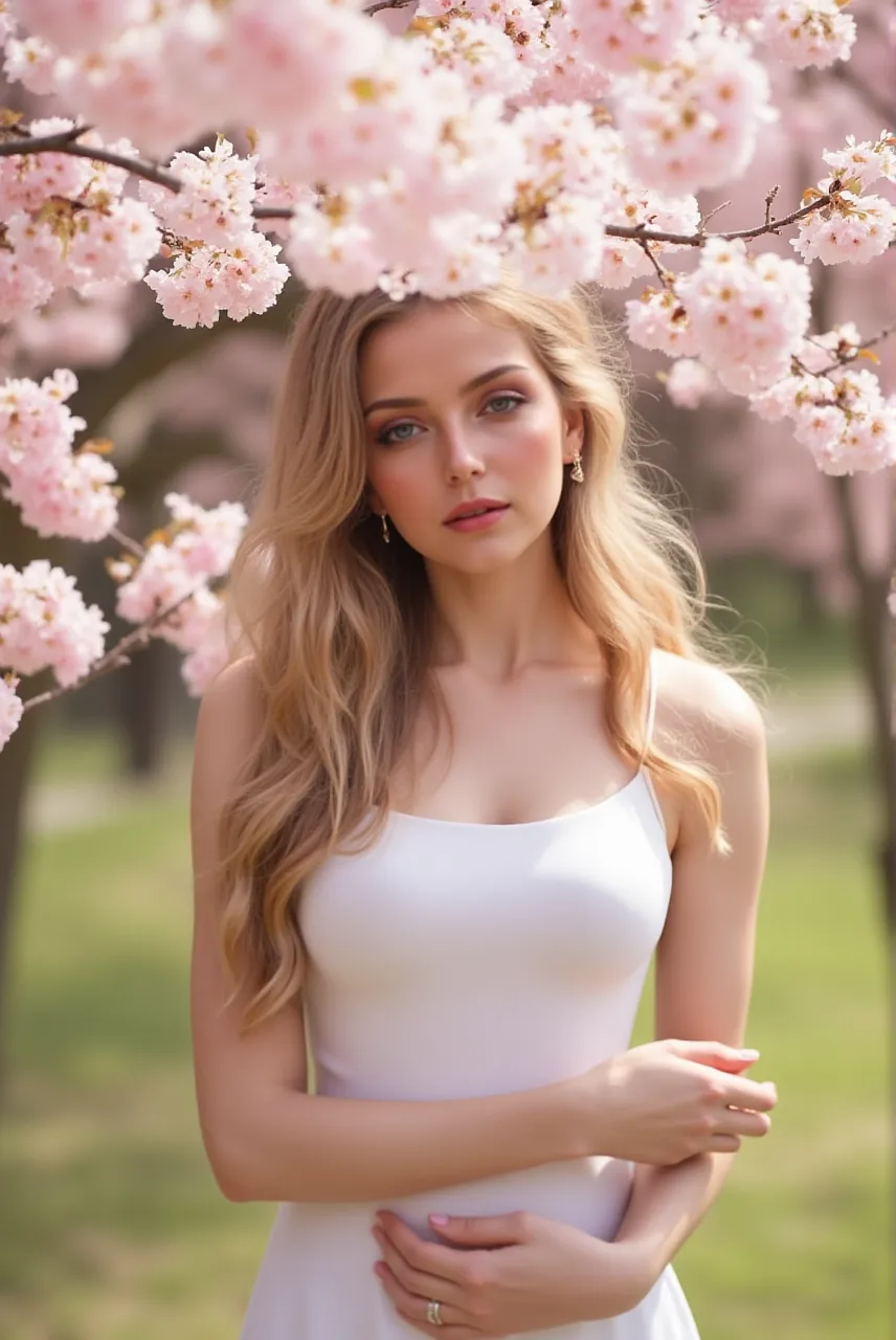 Bela mulher com cerejeiras