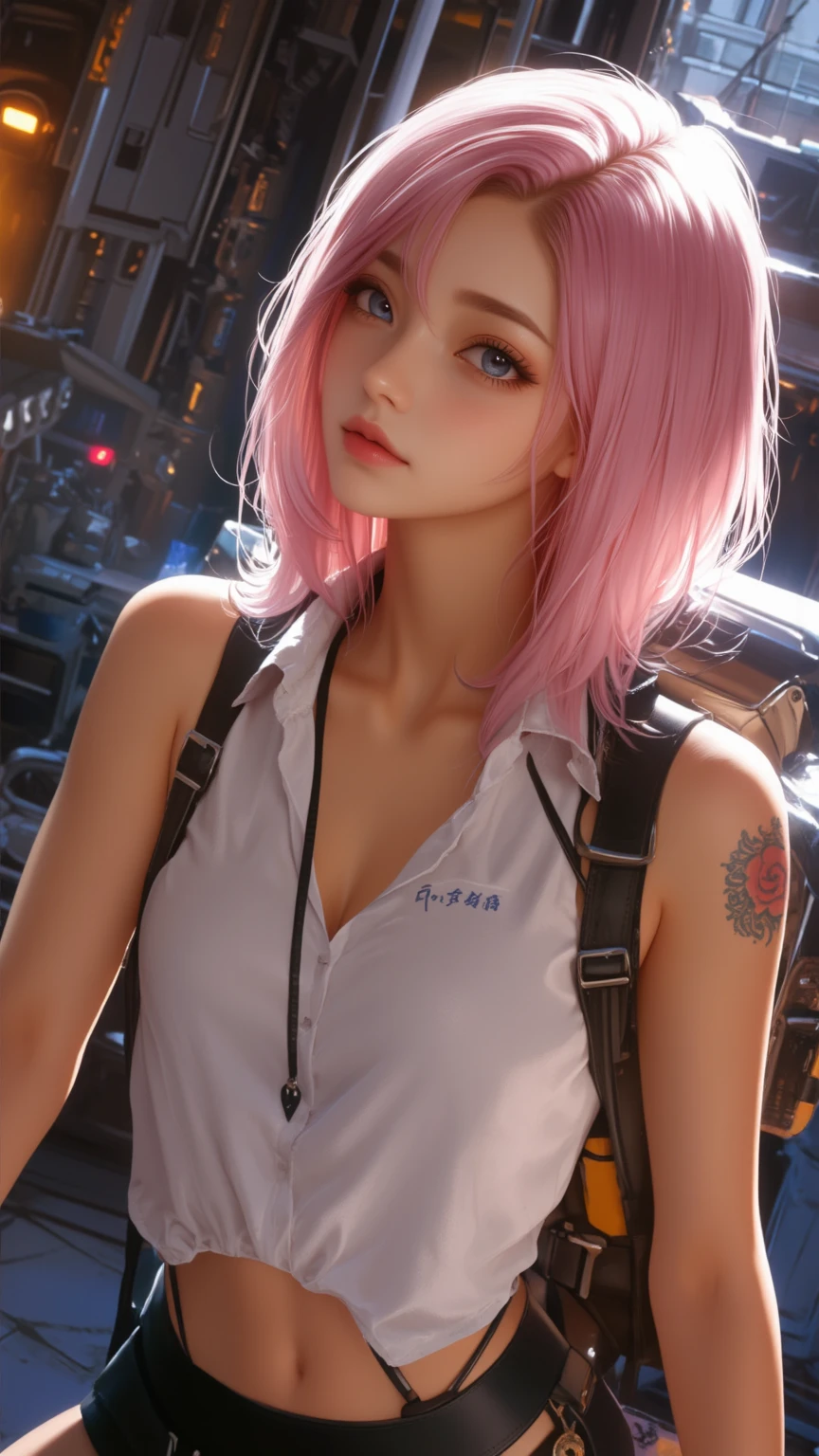 (masterpiece), (best quality), (high res), ((((Solo)))), (perfect anatomy), (young girl (10 years old), fair skin, pink hair (shoulder length), green eyes, (((cowgirl outfit))), (((white shirt))), jean skintight black mini shorts, tired, (((flat chest))), in a futuristic setting with a green light, annoyed, cyberpunk, (drinking water), best anime 4k, cybersuits, in her school, (at night), (night), ((((alone))))