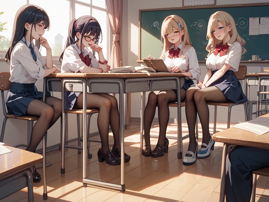 6girls, glasses, short skirt, extra big boobs, extra big ass, they arms on their ass, classroom, school-girls, horny
