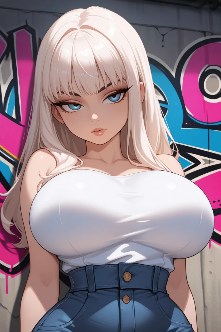 Thousand Reins, 1 Girl, ((Slut))), Long blonde hair, Swollen lips, Thick lips, Wide Hips, Thick thighs, Huge Ass, The face of craving desire , Huge natural breasts, Cleavage, Mature Mom, Low waist jeans, White top, Perfect hands