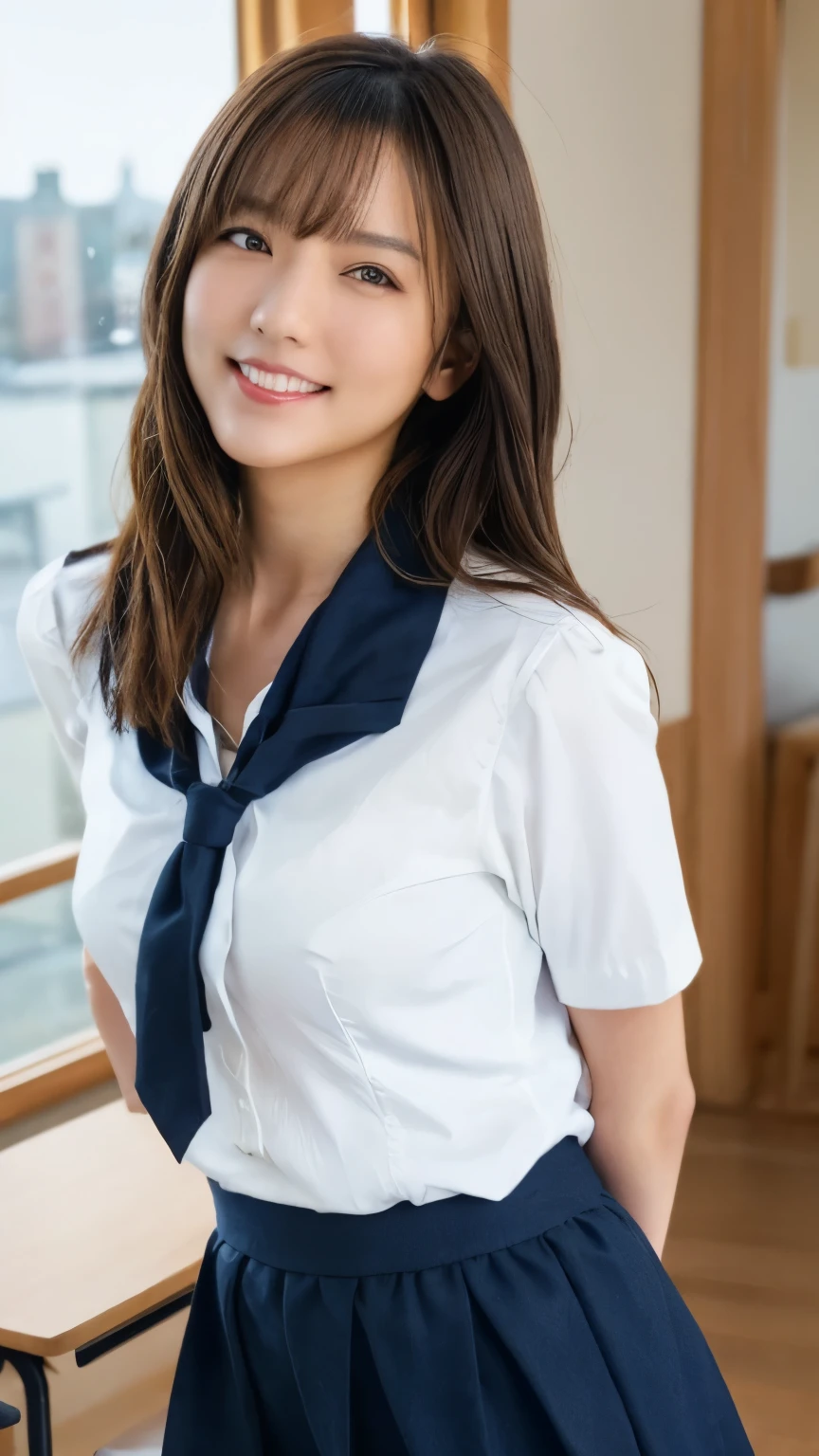 (8k, ultra-high resolution, of the best quality, masterpiece:1.2), masterpiece, of the best quality, illustrations, Super Detail, Exquisite Description, high resolution, 8k Wallpaper, perfect dynamic composition of the building, beautiful eyes with great attention to detail, (((She lifts the skirt with both hands、Very realistic sailor suit texture))), masterpiece, facial upshot, front, 1 woman per photo , Japanese young and beautiful woman, Walking through the classroom with a big smile, charming figure , wearing a short-sleeved silky white collared shirt with a shiny satin red solid bow tie, Hyper Pretty Face, Glossy Lips, double eyelids in both eyes , natural makeup, long eyelashes, Shiny, smooth light brown medium hair, asymmetrical bangs, sunburned skin, wearing a dark blue pleated skirt, head in frame, Center image, 8k resolution, High detail, Detailed Hairstyle, Detailed Faces, Spectacular cinematic lighting, octane rendering, lively, super realistic, perfect limb that wraps around the body, Perfect Anatomy