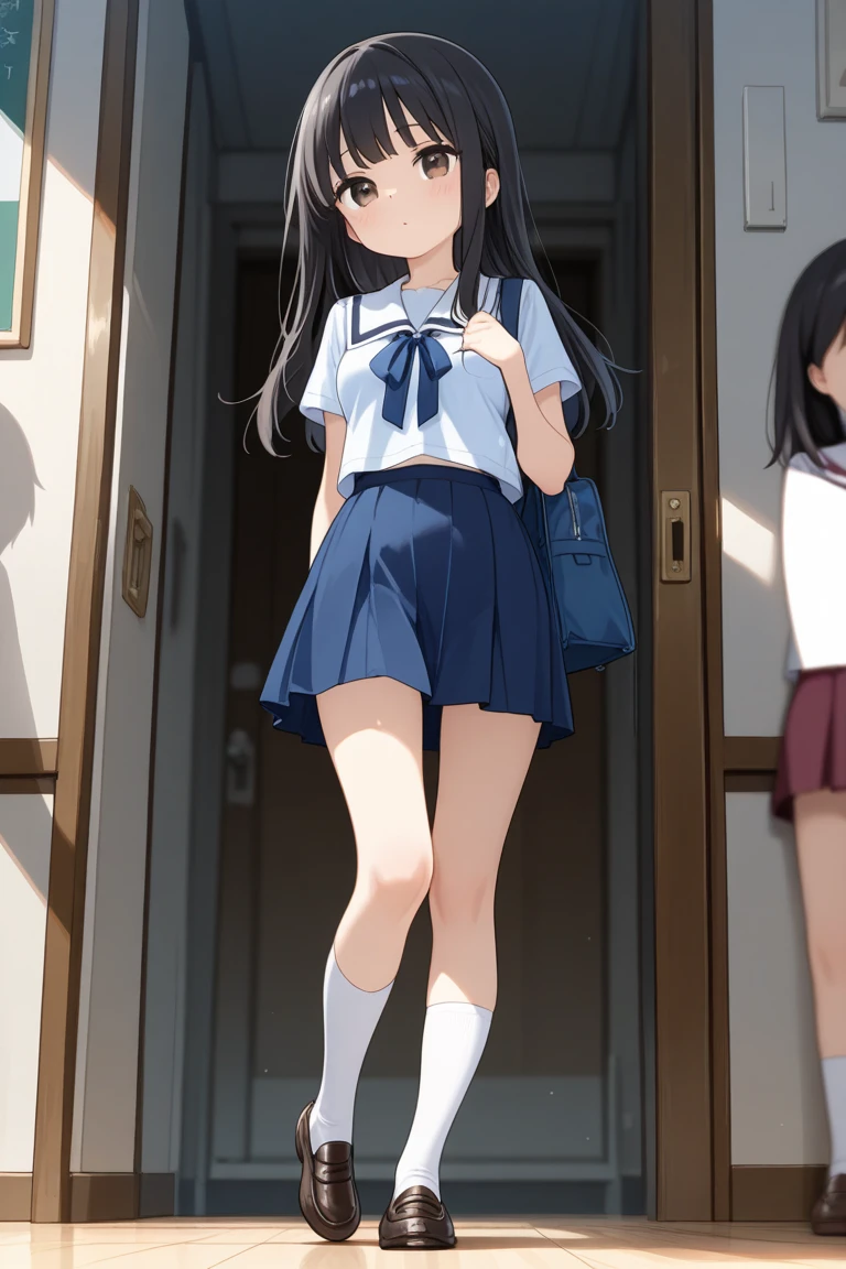 sticking to plain white T-shirt、Light blue long skirt、Bare legs and pumps、Long black hair、Standing posture