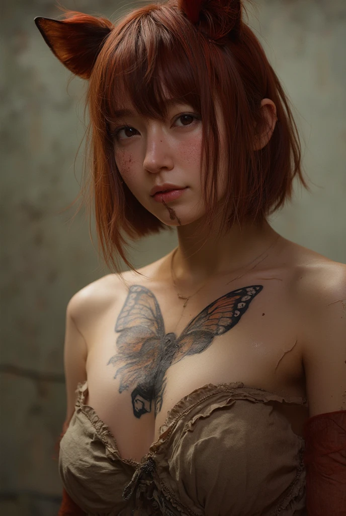 Living woman in a state of decomposition with references to butterflies