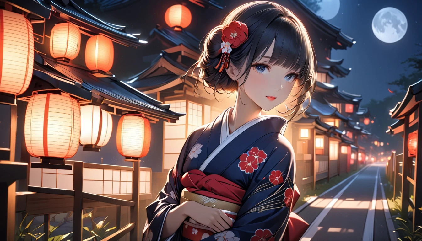 Oiran Dochu、woman1name、strong will。strong gaze、adult sex appeal、dark atmosphere。 black hair、beautiful, blue eyes, ,night light ((8K, Hmm, surreal))、she is wearing a proper yukata。glare、spring。Cherry-blossom viewing。Make your kimono navy