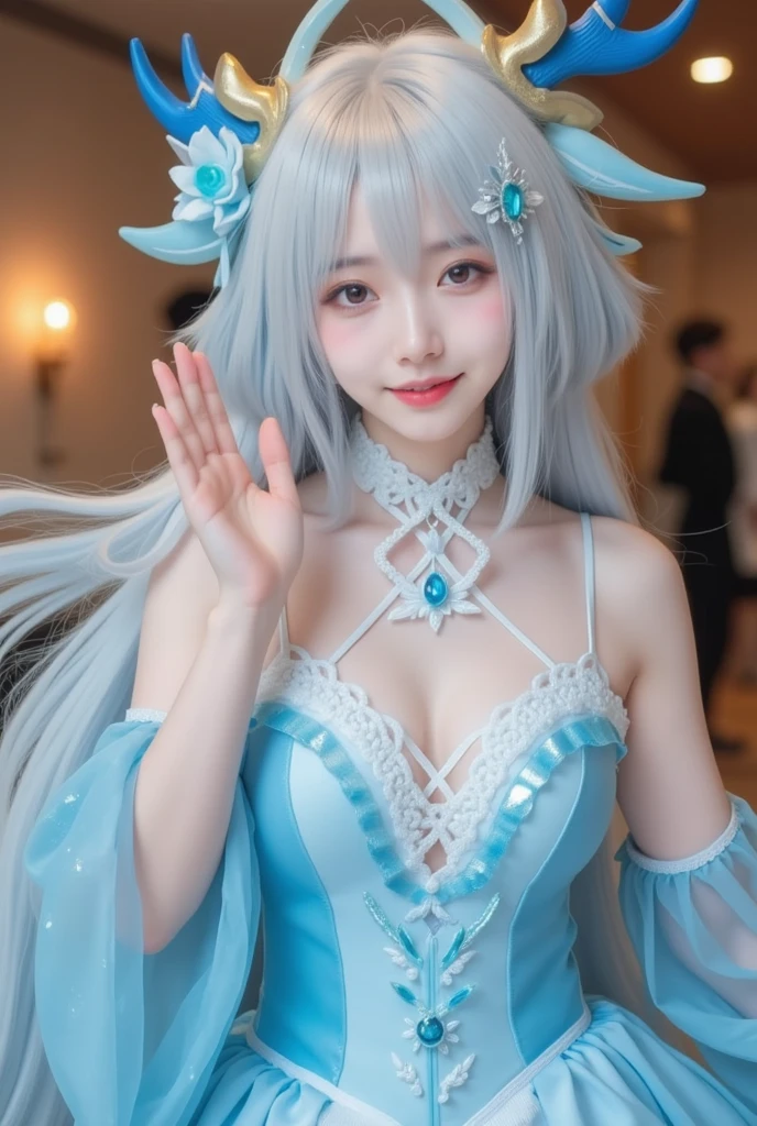 (Very beautiful cute girl), (very cute face:1.2),11 yo, (sparking crystal clear attractive large eyes), Beautiful detailed eyes, Detailed double eyelids, (smiling), (realistic photograph:1.2), long straight hair,(Super shiny holographic white and metallic blue maid costume :1),(Costumes with strong reflective surfaces:1),
(Maid costume:1),cowboy shot,in the street