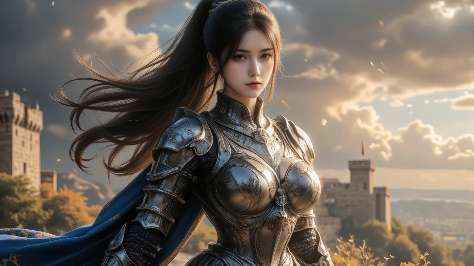 beautiful detailed eyes, beautiful detailed lips, extremely detailed eyes and face, long eyelashes, 1 girl, big boob, heavily armored warrior woman, sexy armor, leading an army of thousands, medieval fantasy, epic battle scene, dark fantasy, dramatic lighting, cinematic, epic scale, highly detailed, intricate armor design, striking pose, powerful expression, moody colors, dramatic shadows, volumetric lighting, photorealistic, 8k, high resolution, hyper detailed, masterpiece