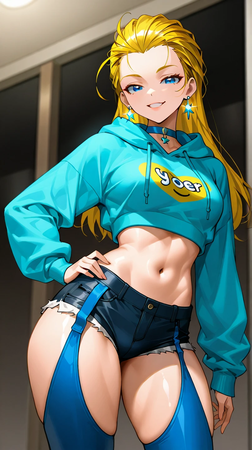 amicia michella - nijisanji, anime style, 1boyl, brown short hair, yellow inner hair, wavy hair, green eyes, detailed eyes, midriff, girly face, seductive, thin lips, painted lips, shy smile face, wide hips, thick thighs, huge round ass, full flat chest, bulge, white shirt, black medium skirt, thigh high, garter, full body, dynamic pose, office, nsfw