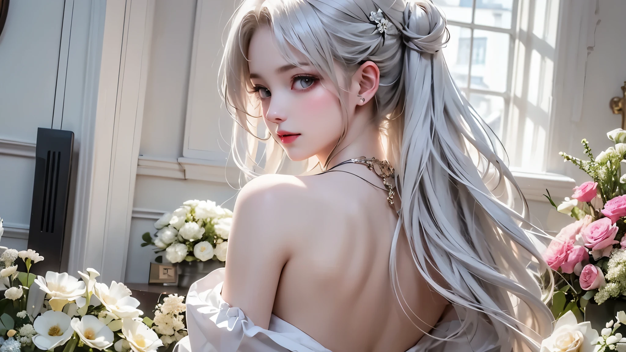 symetrical composition,White tones,white colors,Sexy girl nipple,from back,little body,Petite,whaite hair,White hair