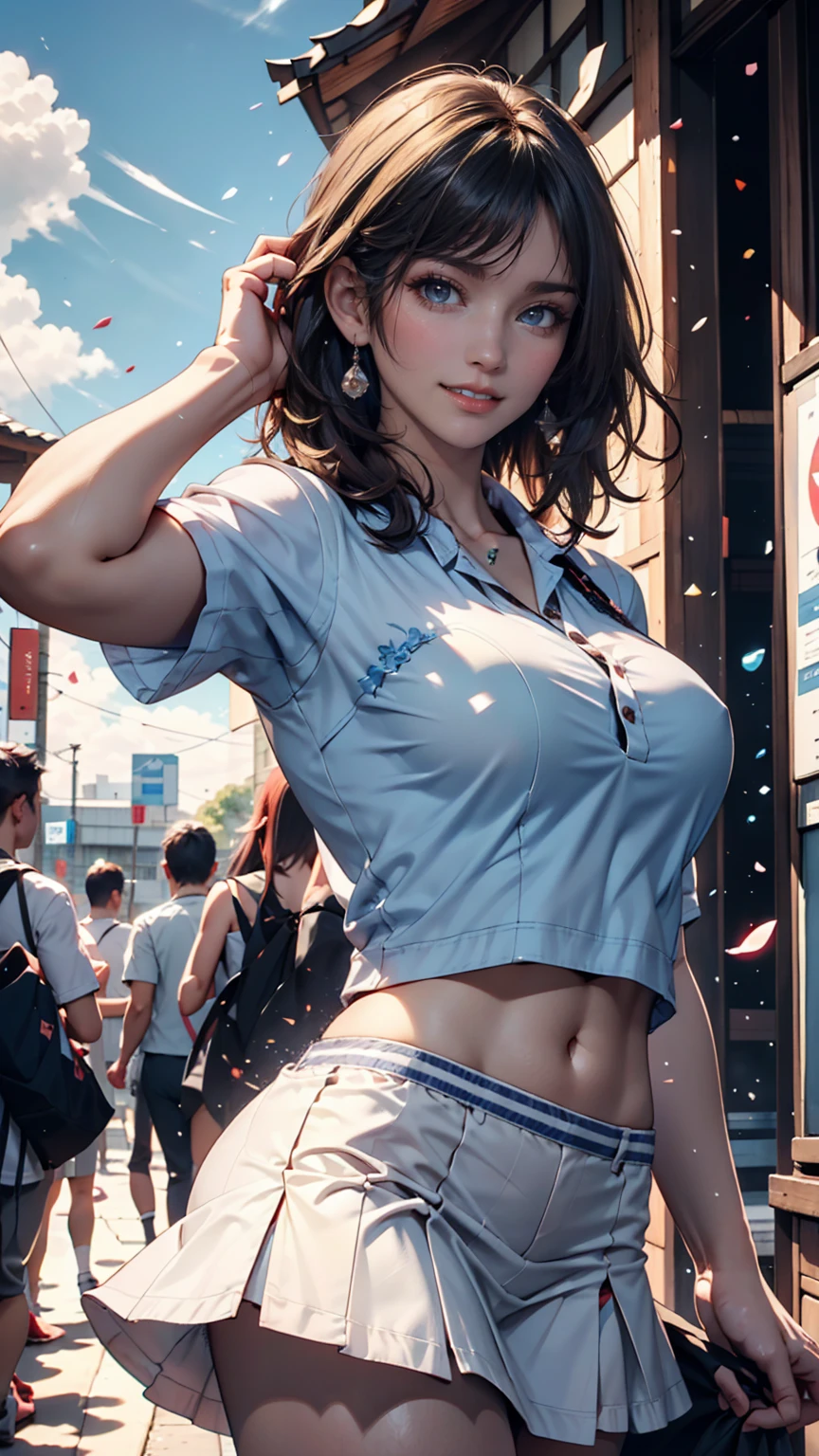 Music Festivals: 大規模なMusic Festivalsの中で、A white woman in an underboob top is dancing with her friend。They blended in with the excitement of the venue.、I enjoy it to the music。