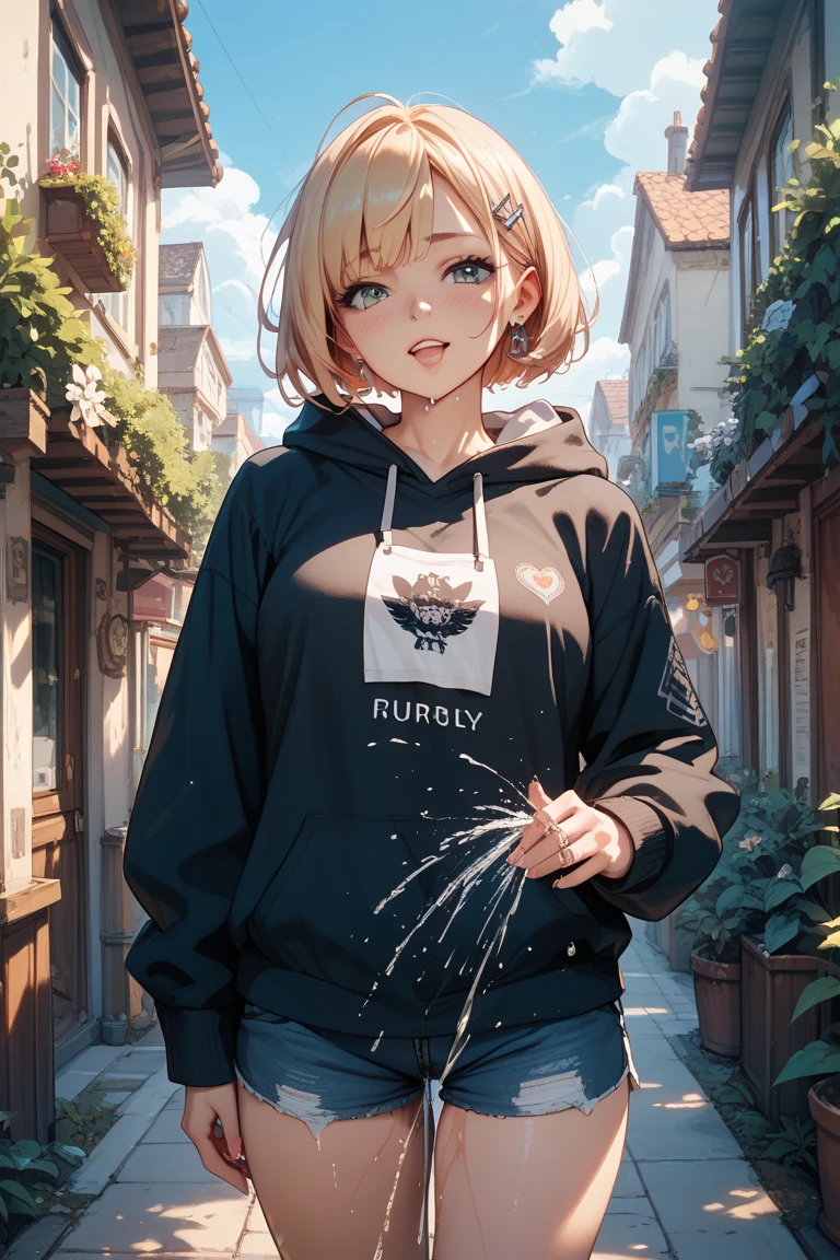 Angelic, Detail of a woman walking, Woman in hoodie, 女性の上にAngelic輪がある, The city&#39;s most expensive bill, road, sunrise, horizon, Skyline, In the sky, City of Clouds, colorful, High resolution, 8k