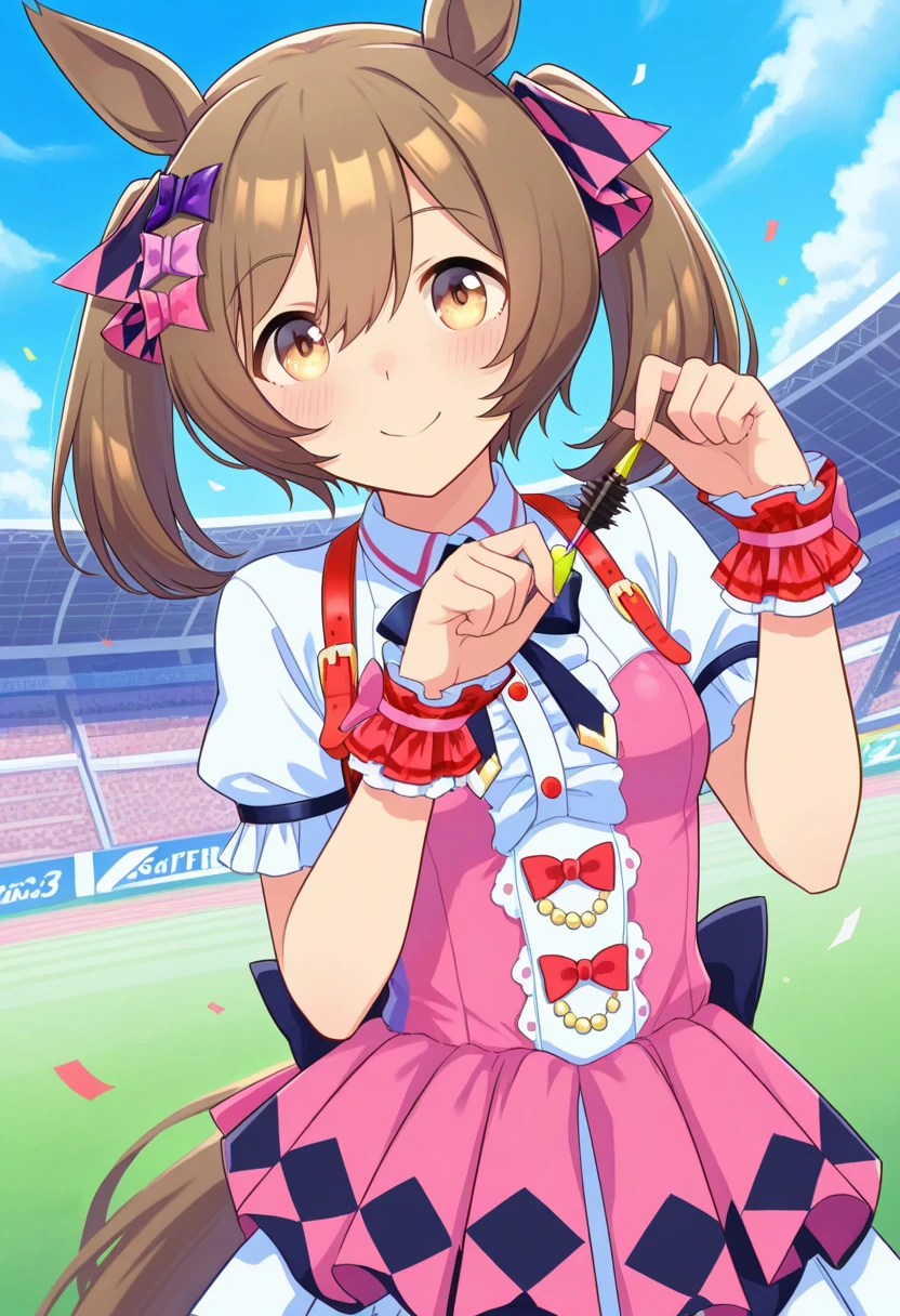 ???, 10 year old girl, masterpiece, best quality, highest quality, photorealistic, smile, open mouth, perfect anatomy, perfect face, perfect eyes, Pandballgt, 1Girl, Lilac eyes, Brown hair, Hair tied in 2, long hair, plastic pink headphone plastic pink kitten ears, pink overalls, Fingerless gloves, White shirt, pink gardener,