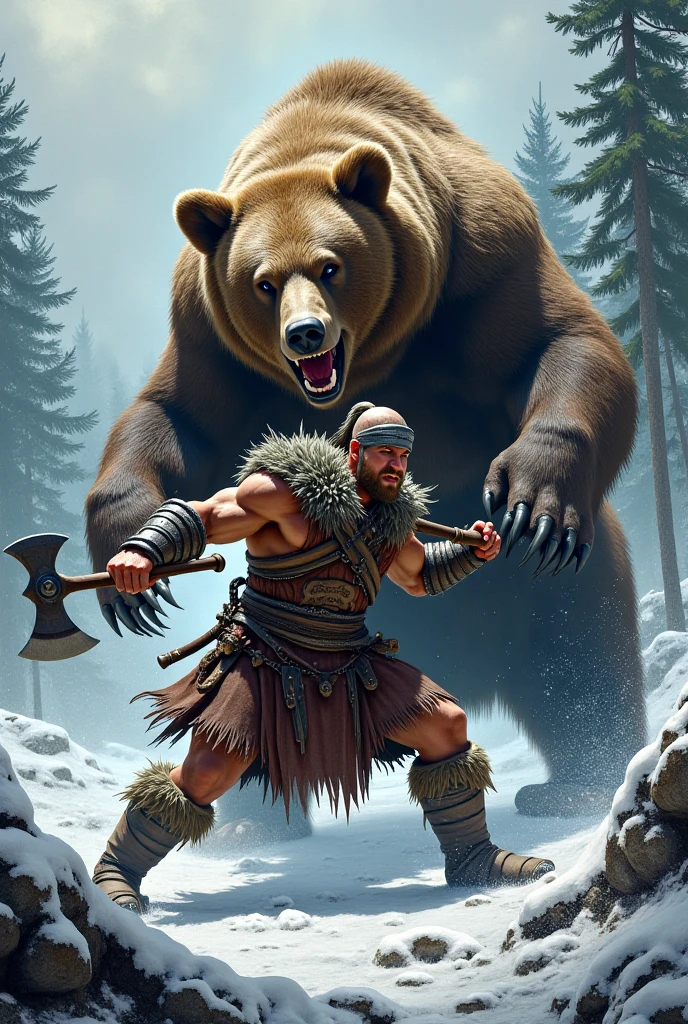 Illustration of Barbarian that rides a brown bear among the mountains