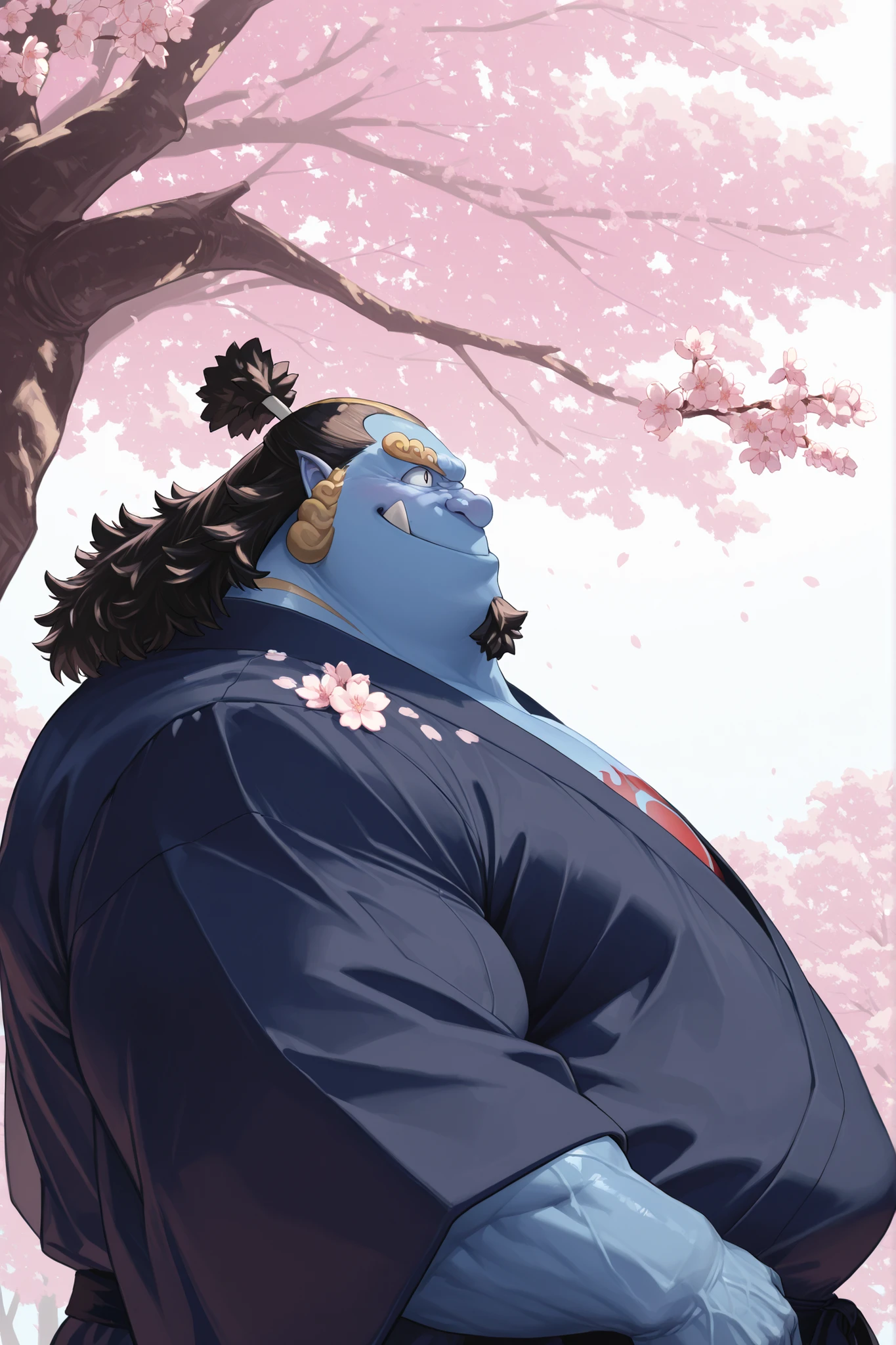 solo, chubby, jinbe, chest tattoo, muscular man wearing kimono, side view, looking cherry blossoms fall, huge tree in backgrond, in under Cherry Blossom tree, Cherry Blossom flower, (foreground cherry blossoms fall), smile, happy, windy, open eyes, detailed eyes, eyes, extremely detailed muscle, short hair), masterpiece, 8k, high detail, f/1.8, 135mm, Nikon, UHD, retina, masterpiece, curate, anatomically correct, textured skin, super detail, high details, high quality, best quality, highres, 1080P, HD, 4K, 8k