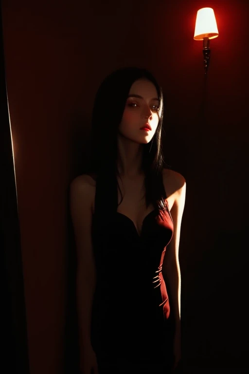 woman, long straight black hair, big bust, red dress, black stockings, black and white silhouette image, looking at the camera, photorealistic