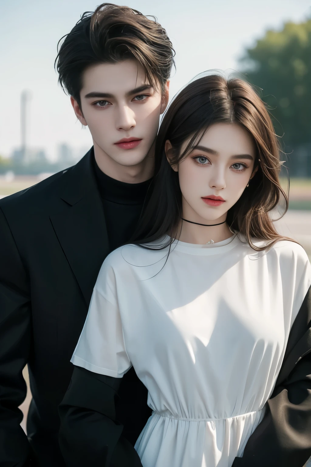 Modern. school. Trendy wear, black. Russian couple 19 yo. Handsome man and beautiful girl. Taller man, dominating man. look at each other, Dark hair color. Very detailed face. pretty eyes (perfect eyes). 8K resolution. Masterpiece. Fair skin, blurry background. Modern Motorsport. pastel color