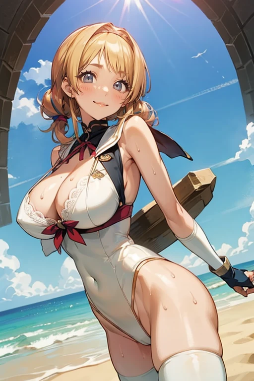 Best Quality, Ultra-Detailed, 1girl, Solo, Nikkeanis, Cross-Eyed, short_hair, open_mouth, Large breasts, Bending Down, Near, Squatting, Normal Thigh, brown_hair, hair_ornament, brown_eyes, yellow_eyes, Beret, Cowboy Shot, (Bikini:1.3), Beach, Summer, Silky Pale White, Shiny Skin