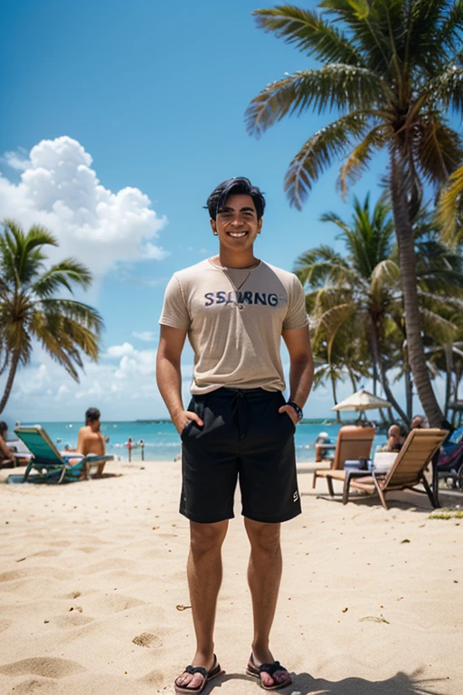 Realistic 4D caricature of a 25 year old Indonesian man with a big head, slightly fat body with short neat and slightly curly hair, thin forehead and wearing a black t-shirt covered with a floral beach shirt, white trousers and black shoes. Sitting in a camping chair looks cool while holding a coffee cup, cigarette, cigar and a fishing rod. beach and coconut plantation background. soft photography. light beams from above and left and right. Very high detailed image. full body focus