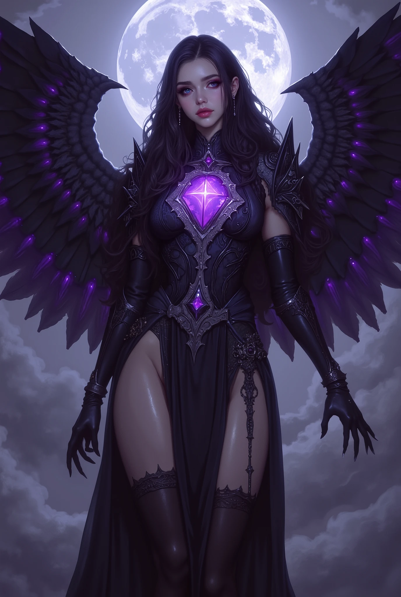 a very dark skin woman, large breasts, beautiful goddess, in a full body violet outfit with wings and a sword, angelic violet armor, angel knight girl, extremely detailed, as a mystical valkyrie, elaborate costume, exotic costumes, rave outfit, ornate cosplay, artgerm julie bell beeple, ig model | artgerm
