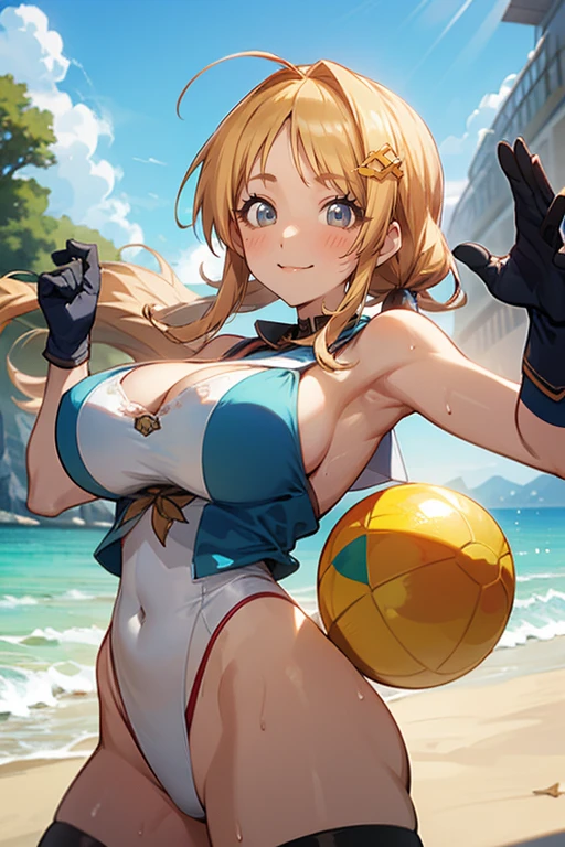Beach Volleyballをするパステルビキニを着た美しい若い女性、Beach Volleyball:1.6、volleyball:1.2、Very detailed、One girl、Anime Style、Smooth porcelain skin、Long, slender legs、Toned body like an athlete、Long flowing hair、Detailed facial features、Beautiful Eyes、Lush tropical beach background、Palm tree、Ocean Waves、Golden sunshine、Dynamic action poseasterpiece、Very detailed、8K、Bright colors、Natural lighting
